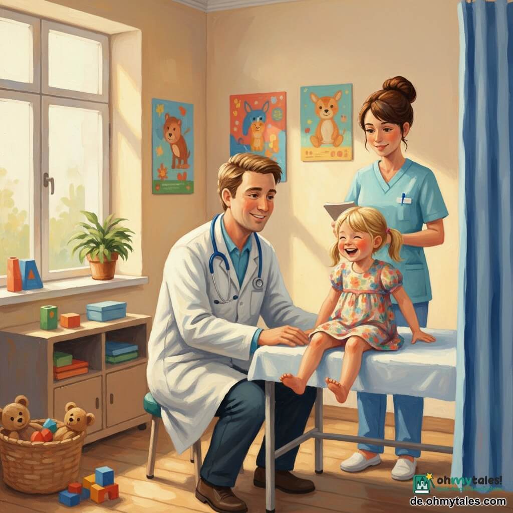 Ein warmes Bild in Acrylstil: Dr. Max, etwa 30, rundes Gesicht, kurze kastanienbraune Haare, sanftes konzentriertes Lächeln, weiße leicht zerknitterte Arztkittel und blaues Stethoskop, hockt vor dem Untersuchungstisch und legt beruhigend die Hand ans Knie des Kindes; Lotte, ca. 6 Jahre, blonde Zöpfe, gerötete Wangen, funkelnde Augen, lacht kichernd auf dem Papptisch, Füße baumeln, blumiges Kleid; Krankenschwester Anna, ca. 30, helle Haut, braune Haare im Dutt, hellblaue Kleidung, steht leicht zurückgezogen mit Notizbuch und Stift, wohlwollender Blick; helle kleine Klinikzimmer mit cremefarbenen Wänden, bunten Tierpostern, warmem Licht durchs Fenster, grüner Topfpflanze, Spielzeugkorb und gestreiftem Sichtvorhang — Stimmung ruhig, optimistisch, Arzt hört das Kind, Grund: kitzelnde Nase.