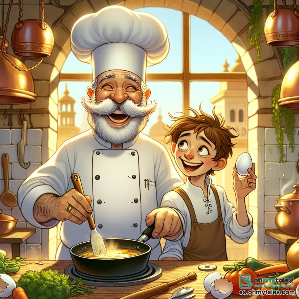 Un chef cocinero, un hombre de unos cincuenta años, con un gran bigote blanco y un alto gorro de chef, sonríe alegremente sosteniendo una espátula en una mano y una sartén en la otra. Su rostro irradia entusiasmo y amor por la cocina, mientras se encuentra frente a una gran mesa de madera llena de ingredientes coloridos. A su lado, un joven llamado Lucas, de unos 10 años, con cabello castaño desordenado y ojos brillantes de curiosidad, observa atentamente al chef. Sostiene un huevo en sus manos, listo para añadirlo a la preparación, y parece maravillado por todo lo que aprende. La escena transcurre en una cocina acogedora, llena de ollas de cobre brillantes, hierbas aromáticas colgadas del techo y ventanas que dejan entrar la luz dorada del sol. Hierbas frescas y verduras coloridas están esparcidas sobre la mesa, creando una atmósfera alegre y acogedora. El chef y Lucas están preparando una deliciosa tortilla, mezclando los ingredientes con entusiasmo, mientras el calor de la cocina y los aromas tentadores los rodean, simbolizando el amor y la magia de la cocina compartida.