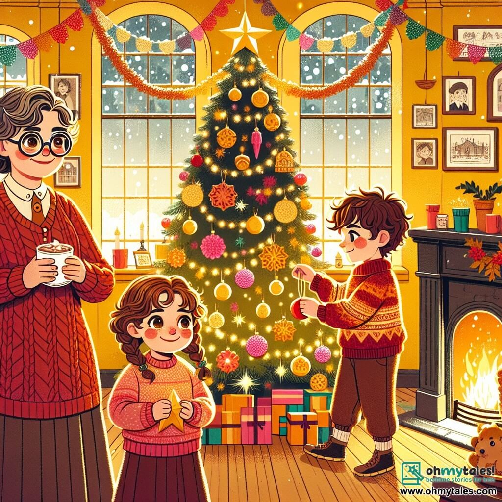 A 7-year-old boy, Tommy, with curly brown hair and sparkling green eyes, stands at the center of the scene, a big smile lighting up his face as he decorates a Christmas tree with colorful ornaments, reaching for a shiny red bauble. Next to him, a 6-year-old girl, Mia, with braided blonde hair and rosy cheeks, hangs a golden star on top of the tree, laughing joyfully with bright eyes. In the background, a woman in her fifties, Miss Clara, wearing round glasses and a red wool sweater, watches them with a warm smile, holding a cup of hot chocolate. She stands near a fireplace with gently dancing flames, adding warmth to the room. The setting is inside an orphanage, Sunny Acres, with bright yellow walls, colorful paper garlands hanging, and a large decorated Christmas tree in the corner. Snowflakes gently fall outside, visible through the windows, creating a magical atmosphere. The main scene shows Tommy and Mia, filled with joy and excitement, preparing for a Christmas celebration, surrounded by laughter and camaraderie, while Miss Clara encourages them tenderly.