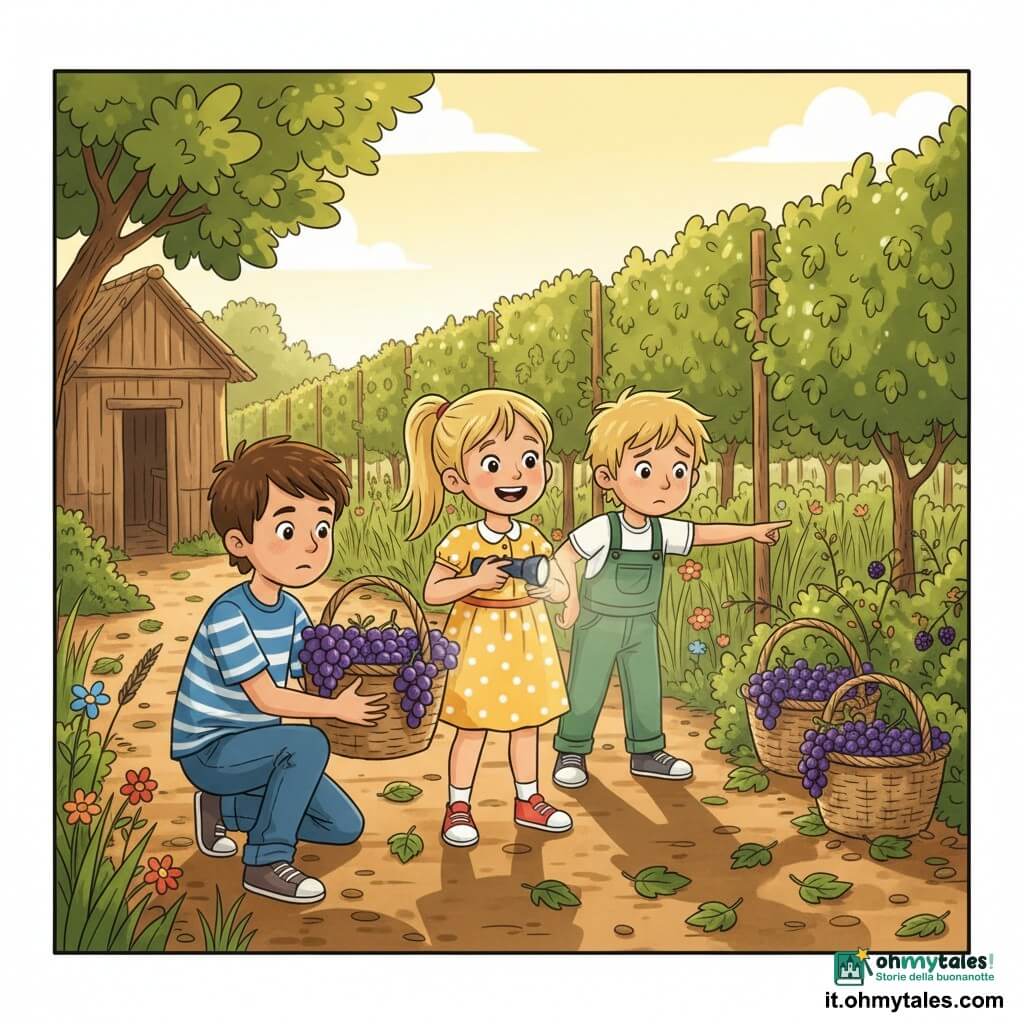 Ci sono tre bambini: Tommaso, 10 anni, capelli castani corti, maglietta a righe blu e bianca e jeans, accucciato a sinistra mentre solleva un cesto di vimini pieno di uva viola; Giulia, 10 anni, capelli lunghi raccolti in coda, vestito giallo a pois bianchi e sneakers rosse, in piedi a destra sorridente, con una piccola torcia che indica il cesto; Alessio, 9 anni, capelli biondi spettinati e salopette verde, dietro i due, imbarazzato, indicando un cespuglio di rovi dove si vedono altri due cesti. Ambientazione: un vigneto mattutino con filari di viti verdi, erba alta e fiori selvatici, una piccola capanna di canne e un grande fico a sinistra, luce dorata e ombre lunghe, terreno terroso con foglie. Situazione: i tre scoprono tre cesti di vimini nascosti dietro la capanna, con uva brillante e qualche mora, espressioni di sollievo e sorpresa; composizione centrata sull'apertura di un cesto, colori caldi e contrasti netti, forme semplici.