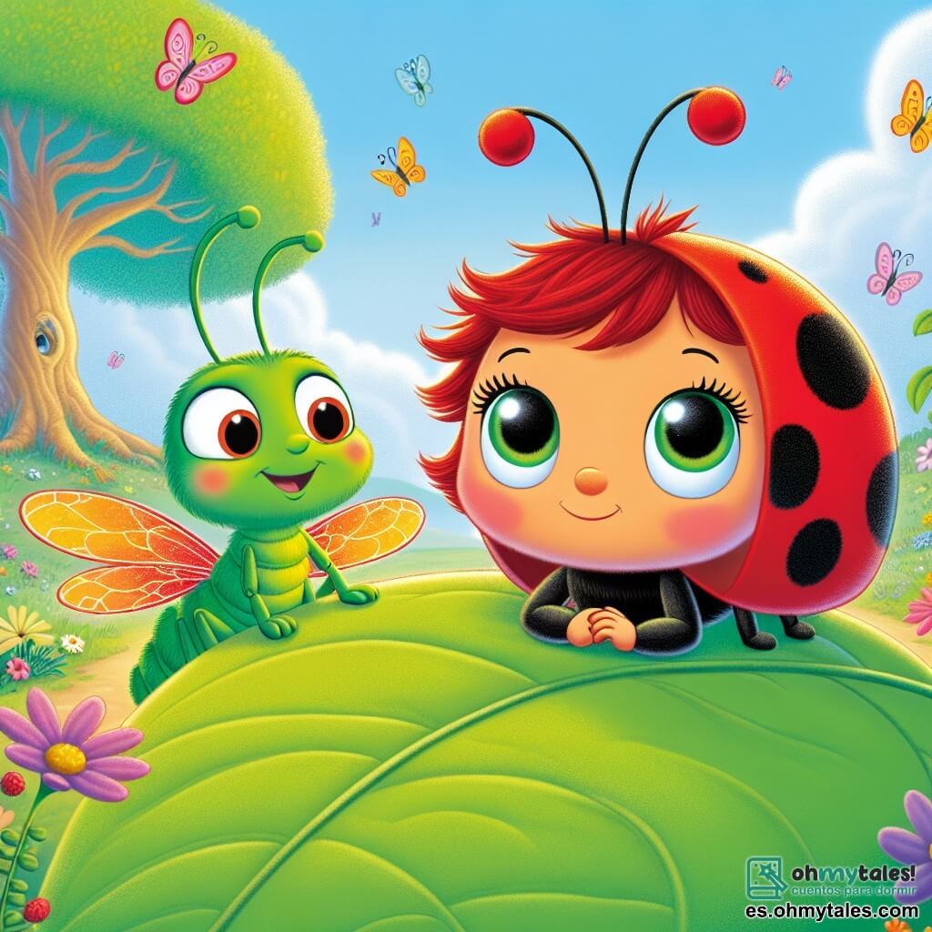Una pequeña mariquita llamada Lila, con alas rojas brillantes adornadas con manchas negras, expresa una gran determinación y una sonrisa valiente. Está posada sobre una hoja verde, lista para volar, con sus antenas vibrando de emoción. A su lado, su amigo el saltamontes Tito, un insecto verde brillante con grandes ojos relucientes, mira a Lila con admiración, sosteniendo un pequeño tambor mágico bajo su ala. El escenario es un jardín mágico, lleno de flores coloridas con pétalos brillantes, mariposas revoloteando y un cielo azul salpicado de nubes esponjosas. A lo lejos, un viejo roble majestuoso se erige, albergando al sabio don Silvestre. La situación principal muestra a Lila y Tito preparándose para partir en una aventura para encontrar el tambor perdido, rodeados de la belleza del jardín, con una luz suave y cálida que ilumina su camino.