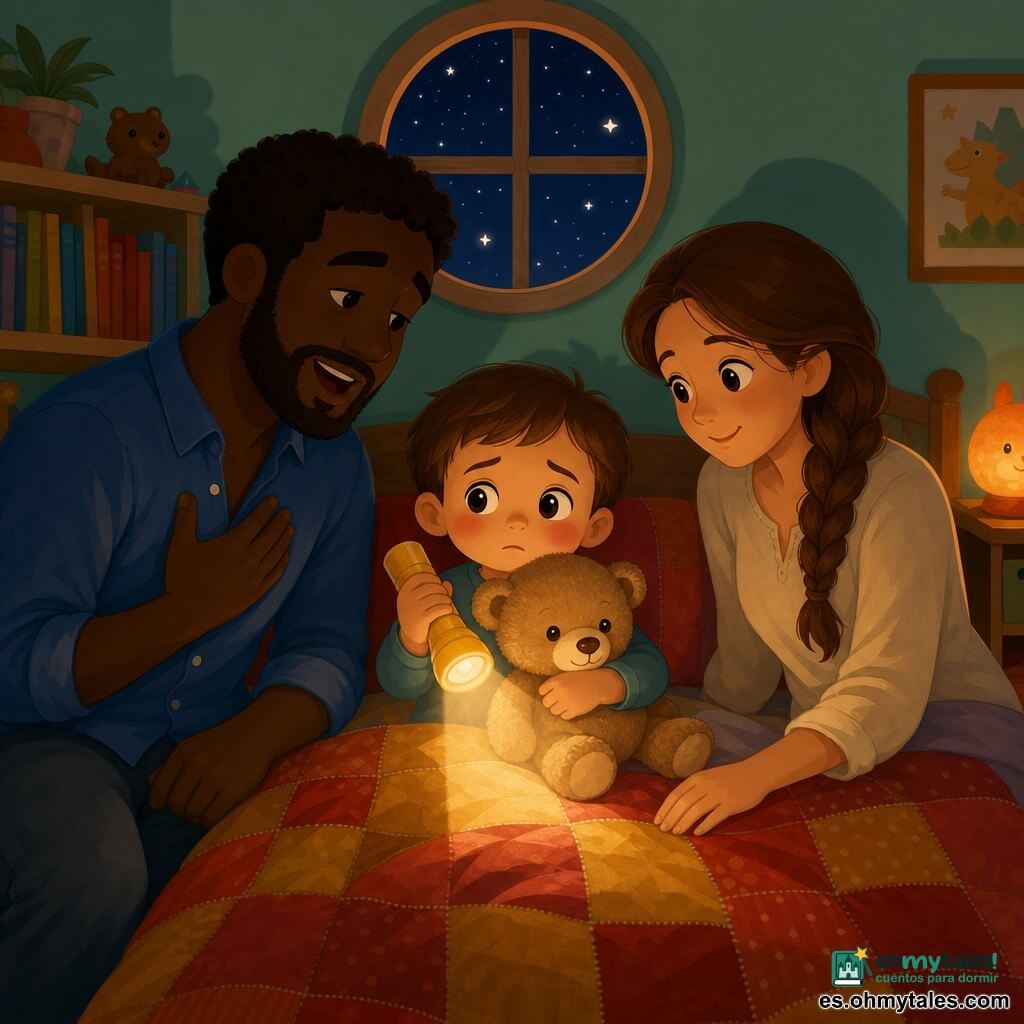 Un niño de 2 años de rostro redondo, mejillas sonrosadas y pelo castaño corto, con ojos grandes y expresión a la vez inquieta y tierna, sostiene una pequeña linterna amarilla mientras abraza un osito de peluche marrón claro; la madre, unos 30 años, con trenzas largas y sonrisa serena, tiene la mano en la cama a la derecha mirando la linterna, y el padre, unos 32 años, con barba corta y camisa azul, sentado al borde izquierdo cantando suavemente en postura protectora; habitación pequeña y acogedora con paredes menta, estanterías bajas con libros coloridos, ventana redonda con estrellas y una colcha de patchwork roja y mostaza; la luz proviene de la linterna y de una luz de noche naranja suave en la mesita, creando sombras largas y tranquilizadoras; escena: el niño explora la noche con su linterna mientras sus padres lo reconfortan, atmósfera dulce, colores cálidos y contrastes suaves, estilo vectorial simple y legible para libro infantil.