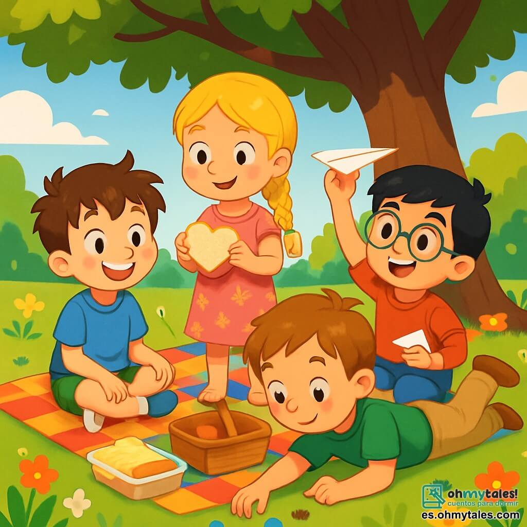 Hay 4 niños: - Marco: un niño de 8 años, con el cabello castaño despeinado y ojos brillantes. Lleva una camiseta azul y un pantalón corto verde, sentado sobre una gran manta de colores, sonriendo alegremente. - Ana: una niña de 7 años, con cabello largo y rubio trenzado, lleva un vestido rosa con flores. Está de pie junto a Marco, sosteniendo un sándwich en forma de corazón. - Carlos: un niño de 8 años, con cabello negro y gafas redondas. Lleva una camiseta roja y un pantalón corto azul, sentado en la manta, mostrando un avión de papel a sus amigos. - David: un niño de 7 años, con cabello castaño y pecas. Lleva una camiseta verde y un pantalón beige, acostado sobre su vientre, buscando piedras de colores en la hierba. El lugar es un jardín soleado, lleno de flores brillantes y árboles verdes. La sombra de un majestuoso roble ofrece un rincón perfecto para el picnic. La manta colorida está extendida sobre la suave hierba, rodeada de risas y alegría. La escena principal muestra a los niños compartiendo un picnic alegre, riendo juntos mientras buscan piedras de colores en la hierba. Marco, a pesar de su enfermedad, está rodeado de amigos que lo animan y se divierten, creando un momento de felicidad y camaradería.