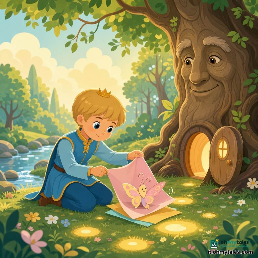 Il principe, un bambino di circa 8 anni con capelli biondi a caschetto, viso tondo e sguardo dolce, è inginocchiato e con delicatezza libera una farfalla di carta intrappolata tra due pagine mentre sfoglia una nuova pagina colorata; indossa una tunica azzurro cielo con piccolo colletto dorato. La farfalla di carta è piccola, ali dipinte con motivi pastello rosa e giallo, parzialmente ripiegate e tremolanti, con un sottile sorriso. Vicino c’è un albero antico con porta rotonda, tronco largo e volto scolpito che osserva dalla destra, porta piccola aperta e illuminata. Ambientazione: una radura nel Bosco dei Sussurri con erba verde tenera, macchie di luce dorata, un ruscello argentato a sinistra e nuvole color vaniglia; atmosfera dolce, colori pastello, contrasti netti e forme semplici in stile flat per bambini.