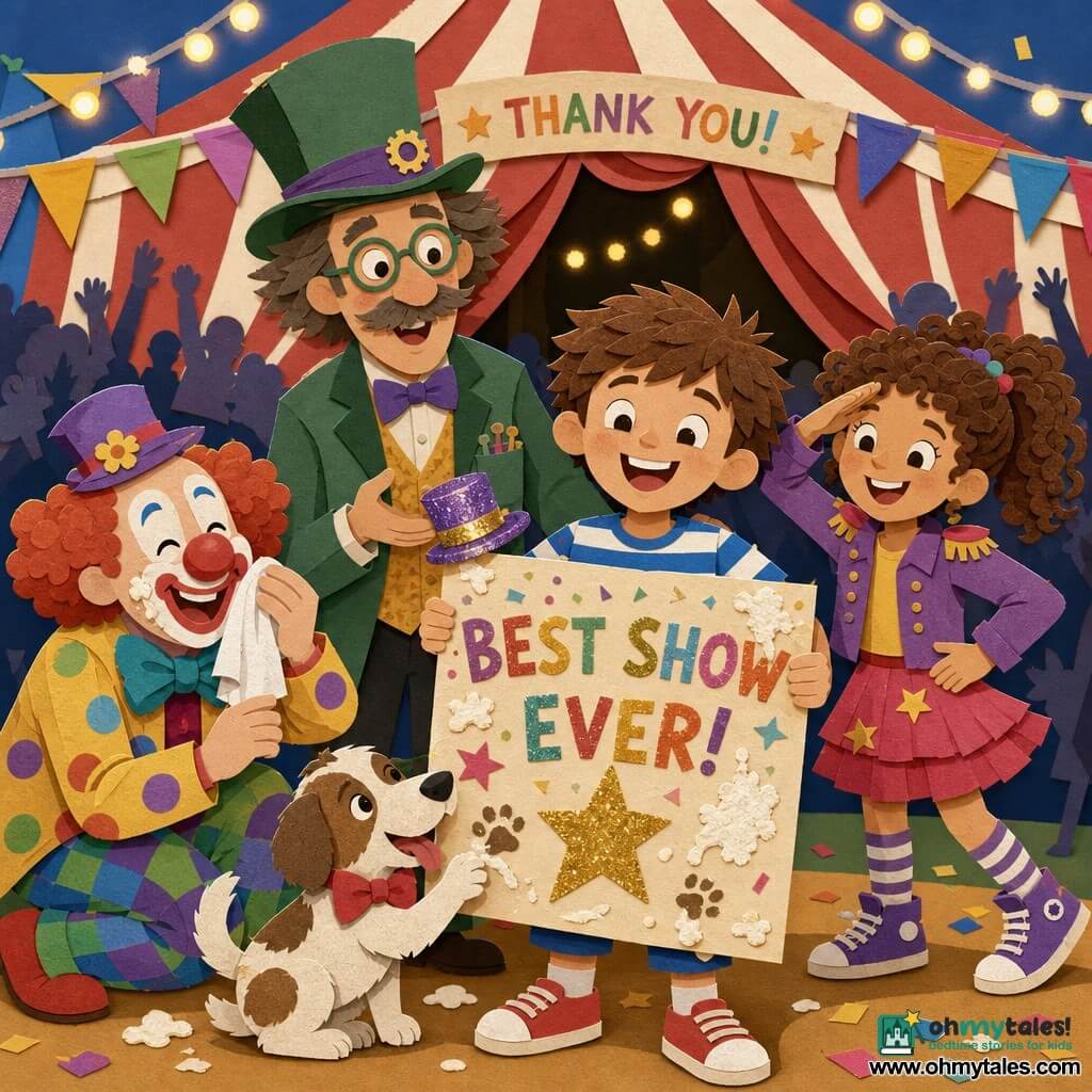 A joyful 6‑year‑old boy with short tousled brown hair stands in the foreground proudly holding a large colorful poster smeared with whipped cream and paw prints, wearing a blue‑and‑white striped t‑shirt and shorts; behind him to the right a smiling energetic 7‑year‑old acrobat girl with curly hair in a high ponytail and striped socks salutes and turns slightly, and slightly behind and left a tall funny man (Professor Pickle) in an eccentric top hat holds a small glitter hat he just gave the boy; to the left a white‑faced clown with a big red nose (Bubbles) crouches laughing and dabbing cream from the poster with a handkerchief, while a small male dog in a red bow tie leaves a paw print at the boy’s feet; the scene is at the open entrance of a red‑and‑white striped circus tent with string lights, bunting and a blurred cheering crowd, a joyful post‑show celebration with vivid colors, cut‑paper textures, sharp contrasts and soft shadows for a paper‑cut effect.