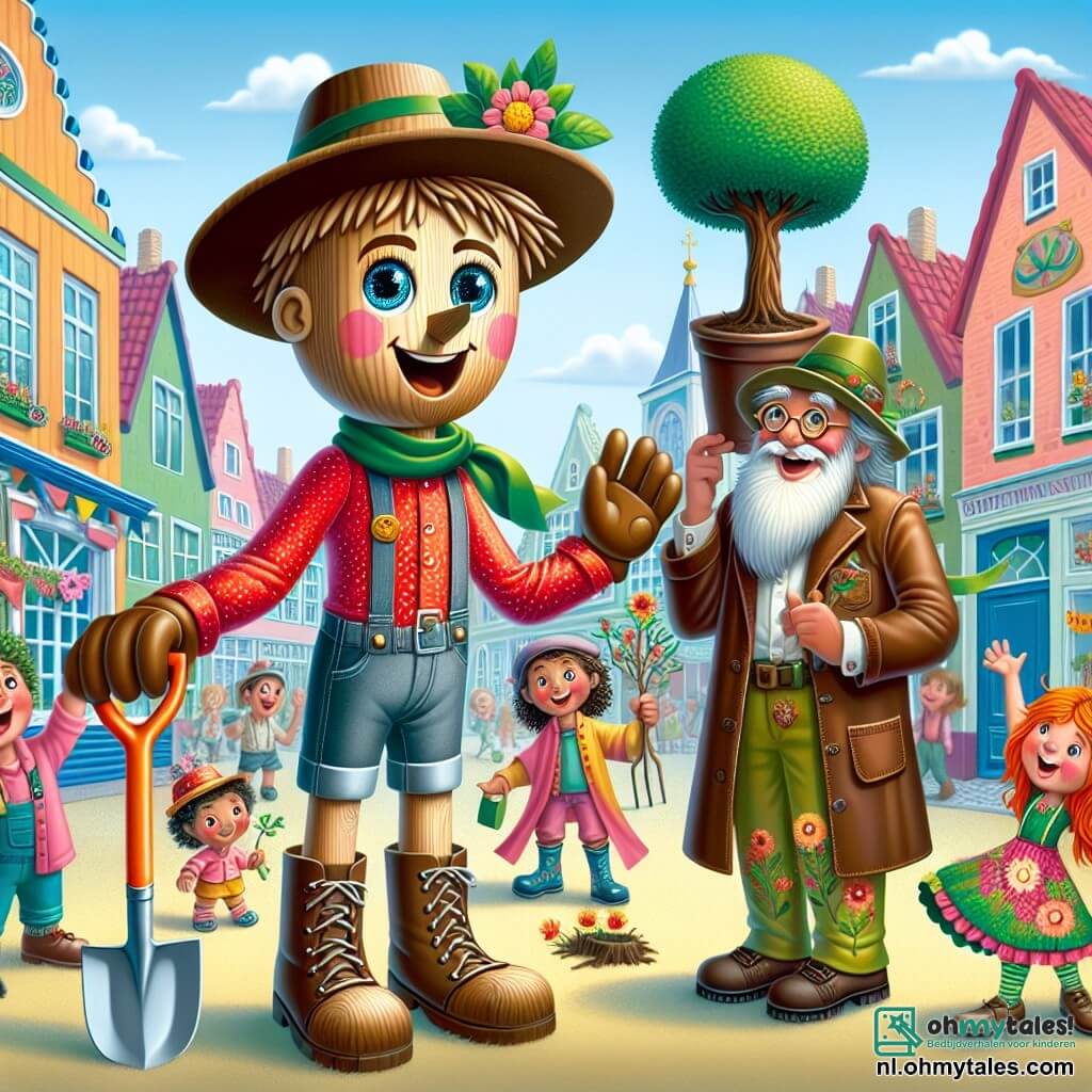 Pinocchio, een jonge houten jongen met ronde, sprankelende ogen, een iets langer wordende neus en een enthousiaste glimlach, staat in het midden van het podium met zijn armen wijd open, klaar om zijn vrienden te verwelkomen. Hij draagt een rode blouse met witte stippen en een klein puntig hoedje. Aan zijn rechterkant staat Geppetto, een oude man met een witte baard en ronde brillen, die trots glimlacht terwijl hij een schop vasthoudt, klaar om een jonge boom te planten. Hij draagt een leren werkjas en een canvas broek. Aan zijn linkerkant danst Amelia, een meisje met felrood haar, vrolijk in een groene jurk versierd met bloemen, met haar armen omhoog gericht naar de lucht. De setting is een levendig plein in een klein Italiaans dorp, omringd door kleurrijke huizen met open luiken, met kinderen die spelen en volwassenen die praten rond een grote boom in het midden, klaar om geplant te worden. De belangrijkste situatie toont Pinocchio en zijn vrienden die zich voorbereiden om het begin van hun ecologische festival te vieren, omringd door lachen en vreugde, wat de hoop en inzet voor natuurbescherming symboliseert.