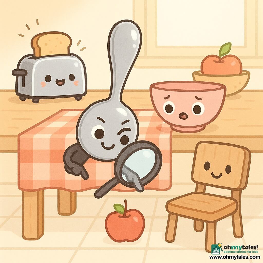 A shiny metal detective spoon with round gentle eyes and a mischievous smile leans over the countertop holding an oversized magnifying glass to point at an apple hidden under the table, while a surprised pink ceramic bowl (Bella), a smiling chrome toaster (Timmy) dinging, and a friendly wooden chair (Charlie) gather in a warm, sunlit kitchen with a light wood table covered by a red-and-white checkered cloth and a fruit bowl, creating a bright, pastel, charming scene of discovery.