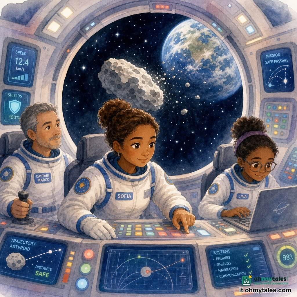Sofia, astronauta donna adulta, emozionata e concentrata, sorriso serio, capelli castani raccolti in chignon, in tuta spaziale bianca con dettagli blu, preme delicatamente un pannello di controllo davanti a una grande finestra circolare; il capitano Marco, uomo di circa 40 anni, capelli sale e pepe, osserva calmo gli schermi a sinistra con la mano su una leva, seduto leggermente indietro; l'ingegnera Lina, donna di circa 28 anni, porta occhiali e consulta un piccolo pannello a destra chinata su un portatile; interno di cockpit futuristico con pareti metalliche morbide, pannelli luminosi colorati, pulsanti rotondi e schermi con grafici semplici; fuori un piccolo asteroide grigio e irregolare passa vicino al veicolo con scintille e sullo sfondo la Terra parzialmente visibile; scena di allerta tranquilla mentre l'equipaggio manovra con attenzione per evitarlo, gesti precisi, luce calda degli schermi sui volti, atmosfera di collaborazione e concentrazione; stile acquerello morbido, colori pastello vividi, contorni lievemente sfocati, espressioni amichevoli, composizione centrata sulla finestra circolare e su Sofia.
