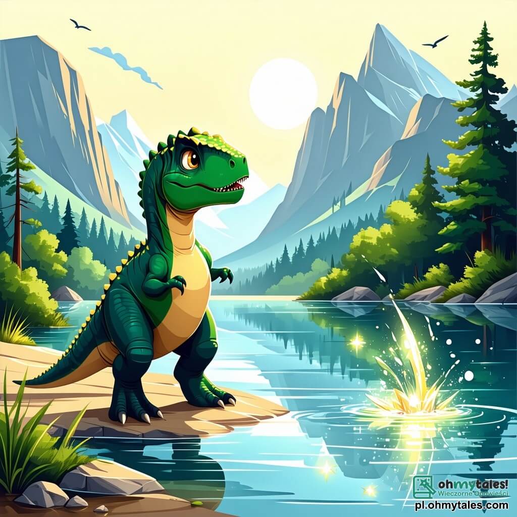 Młody Tyrannosaurus Rex o imieniu Tyrek, z ciemnozieloną skórą i błyszczącymi złotymi oczami, stoi na brzegu lśniącego jeziora, pełen ekscytacji i ciekawości. Z zachwytem obserwuje mieniące się kolory wody odbijające się w słońcu, jego małe przednie łapki lekko uniesione, gotowy na przygodę. Obok niego stoi przyjazny stegozaur o imieniu Spik, z kolorowymi płytami grzbietowymi i radosnym uśmiechem, zachęcając go do eksploracji, mocno stojąc na brzegu. W tle bujna las z gigantycznymi drzewami o wibrujących liściach i jaskrawymi kwiatami otacza jezioro, podczas gdy śpiewające góry rysują się na horyzoncie, dodając magii do sceny. Główna sytuacja pokazuje Tyreka i Spika odkrywających razem cuda tajemniczej wyspy, gotowych na niezapomniane przygody.