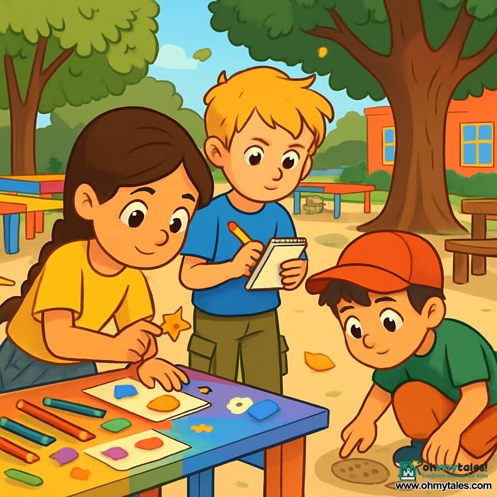 There are 3 characters: Maya, a 7-year-old girl with long braided brown hair, wearing a yellow t-shirt and denim shorts, leaning over an art table examining a small star-shaped sticker; Ben, a 7-year-old boy with messy blond hair, dressed in a blue t-shirt and cargo pants, standing next to Maya holding a small notebook and pencil, looking focused; and Leo, a 7-year-old boy with short black hair, wearing a red cap and green t-shirt, crouching near a bench, curiously observing a shoe print in the ground. The scene takes place in a sunny schoolyard surrounded by tall trees, with a large oak in the center, colorful art tables on one side, and wooden benches scattered around. Leaves are gently falling from the trees, and colored pencils are spread across the table. The main situation shows the three friends in the middle of an investigation, searching for clues to find a missing key, examining the objects around them with determined and excited expressions on their faces.