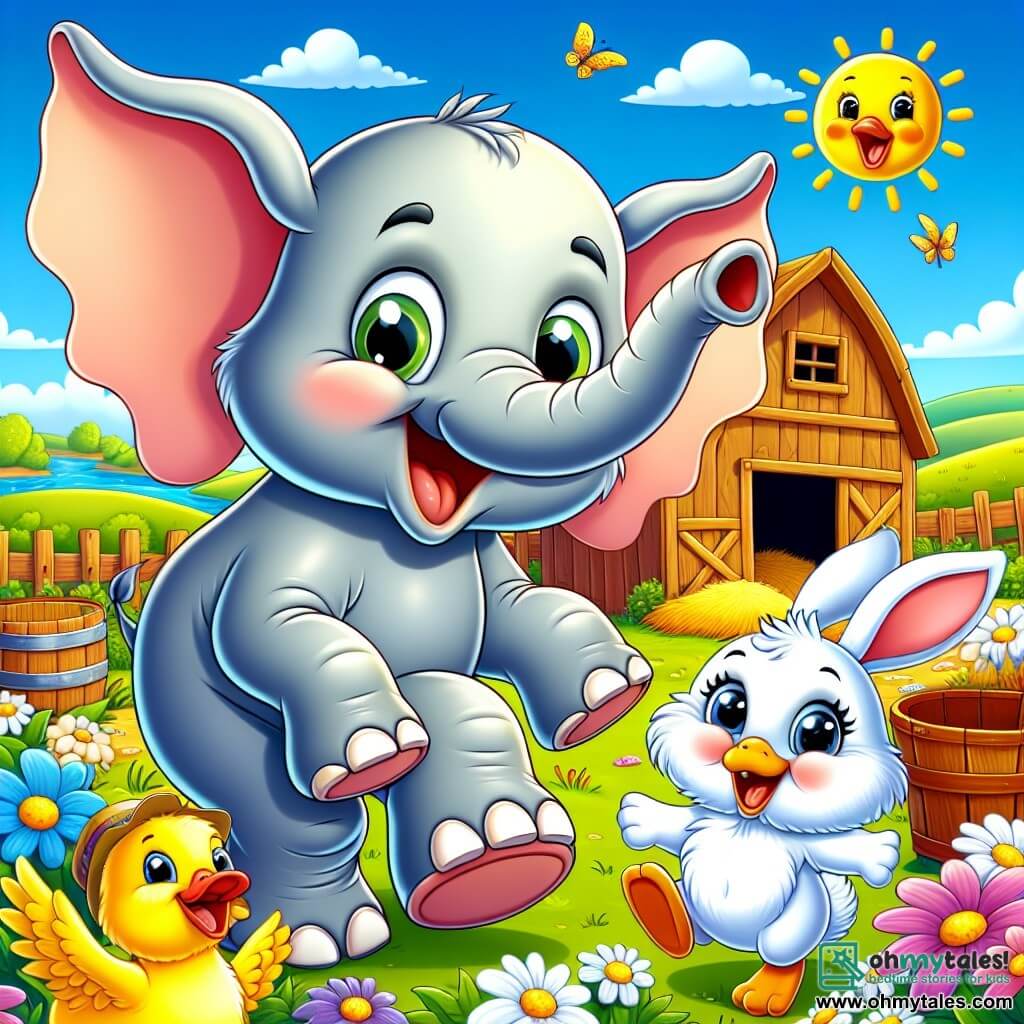 A cheerful elephant with large flapping ears and a bright smile stands at the center of the scene, his eyes sparkling with excitement. Next to him, a small white rabbit with soft fur and upright ears jumps for joy, his face beaming with enthusiasm. A bright yellow duck, wearing a small straw hat, stands in the background, laughing and flapping its wings. The scene takes place on a sunny farm surrounded by green fields and colorful flowers, with an old wooden barn and a haystack nearby. In the foreground, the elephant and his friends are about to play hide and seek, with the elephant joyfully counting to ten while the rabbit and duck hide behind fun objects like buckets and wooden crates.