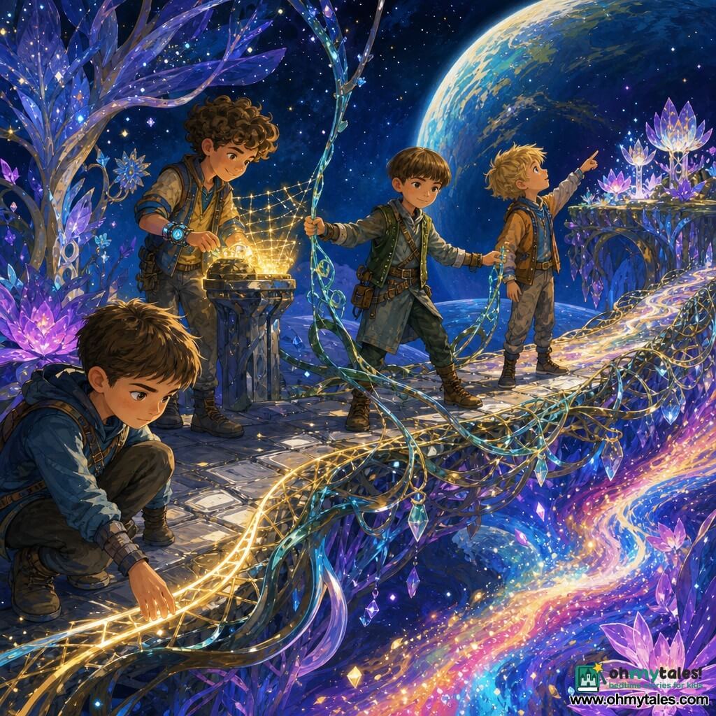 Four boys crossing a half-vine, half-energy bridge above a swirling stream of light in a suspended orbital garden. Eli, 9, crouched at the front left, attentive face, short chestnut hair, watching a curve of light on the energy bridge; Milo, 9, center-left, mischievous grin, curly hair, glowing mechanical bracelet, pressing a device that projects a golden grid; Rowan, 9, calm and sturdy, fair skin, dark bowl-cut, standing mid-bridge with arms outstretched to gently steady a crystalline vine; Cassian, 8 (almost 9), dreamy, tousled blond hair, center-right, head tilted to the starry sky, pointing at luminous lilies on the far bank. The garden orbits a planet with silver-tiled ground and metallic roots, translucent-leafed trees dusted with stardust, phosphorescent purple-blue-pink flowers, and a multicolored Nebula Stream winding below. The bridge is woven crystalline vines and a golden light lattice; scene evokes science-fantasy with saturated gouache-like textures, metallic reflections and stardust highlights, focused on the boys’ precise gestures, concentrated expressions, and the flowing light beneath.