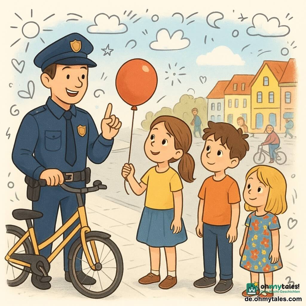 Ein lächelnder Polizist, ein Mann in einer leuchtend blauen Uniform, steht auf einem sonnigen Bürgersteig und erklärt begeistert die Sicherheitsregeln. Neben ihm steht seine achtjährige Tochter Mia mit einem roten Ballon und hört ihm aufmerksam zu, ihre Augen voller Neugierde. Zwei weitere Kinder, ein Junge und ein Mädchen im gleichen Alter, stehen in ihrer Nähe und beobachten interessiert; der Junge hat zerzauste braune Haare und das Mädchen trägt ein buntes Blumenkleid. Im Hintergrund eine belebte Straße mit Passanten, Fahrrädern und einer alten Dame mit einem Rollator, umgeben von Gebäuden mit bunten Fassaden. Die Hauptszene zeigt den Polizisten und die Kinder, die Fahrräder bewegen, um den Bürgersteig freizumachen, unter einem blauen Himmel mit weißen, flauschigen Wolken.
