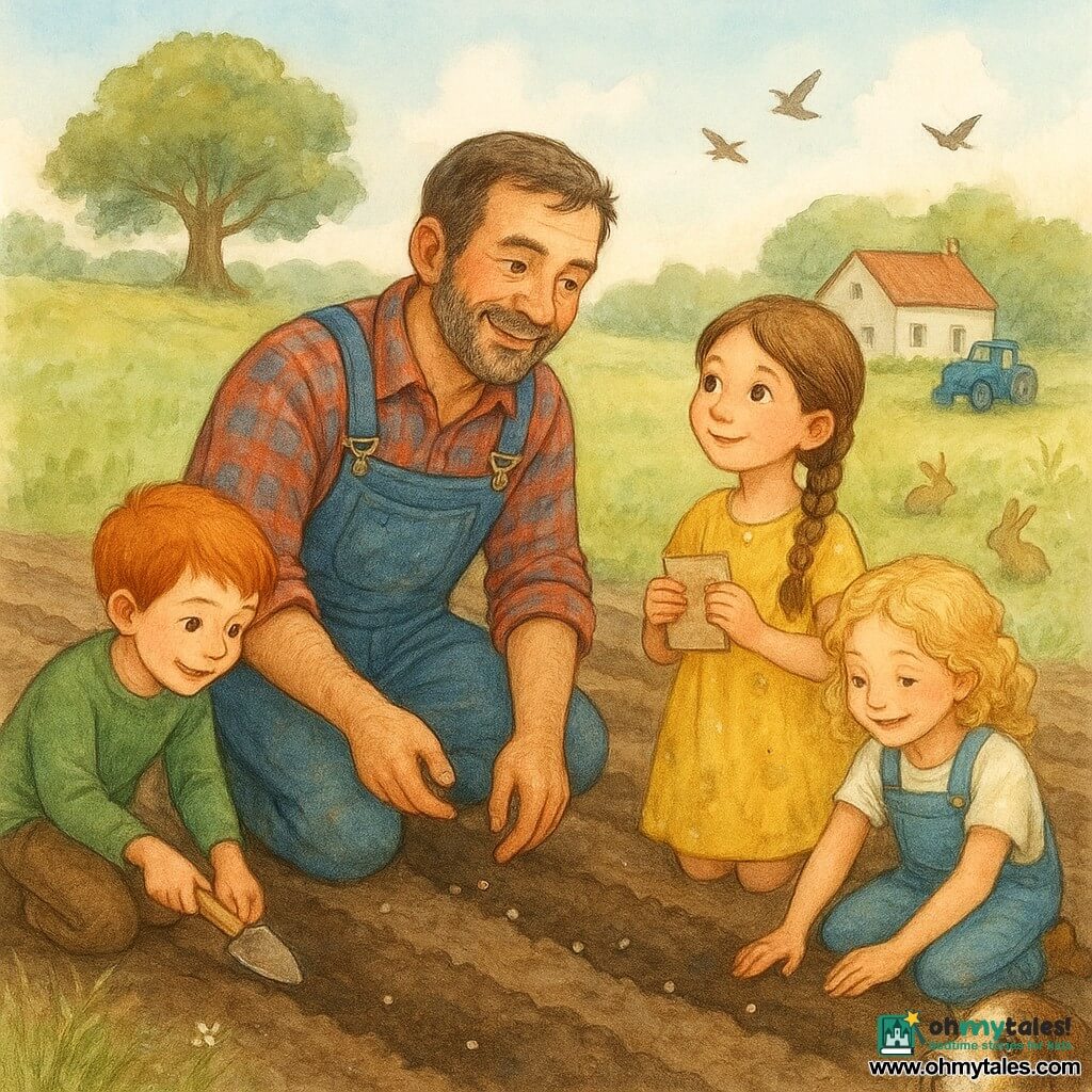 A weathered male farmer with a three-day beard, calm smile and proud gaze kneels in a dark-tilled field wearing a red-and-blue plaid shirt, denim overalls and muddy leather boots, sowing pumpkin seeds in neat rows; to his right stands Mia, about 8, chestnut hair in a braid and a dirty yellow dress, holding a seed packet and watching him admiringly; to his left Lucas, about 9, short red hair and a green sweater, digs a small hole with a wooden trowel, focused and happy; nearby Sophie, about 7, curly blonde hair and denim overalls, kneels and gently presses soil over a seed, smiling; an older brown-and-white dog, Patch, lies close by watching with its head on its paws; background shows a grassy mound with a large oak, a white farmhouse with a red roof, a blue tractor, wild grasses, a few rabbits and birds in flight; soft late-morning light, mood of shared work and camaraderie as small hands plant seeds that will grow into pumpkins.