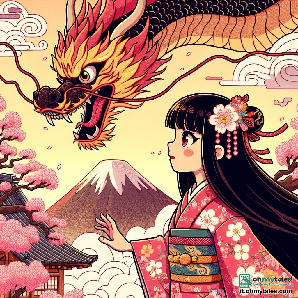 Aiko, una giovane donna dai lunghi capelli neri come l'ebano, indossa un kimono tradizionale decorato con motivi di fiori di ciliegio. Il suo viso esprime determinazione e meraviglia mentre si trova di fronte a un maestoso drago di fuoco, le cui scaglie brillano come rubini sotto il sole. Il drago, immenso e imponente, ha occhi brillanti e un sorriso malizioso, fluttuando sopra Aiko, pronto a porle enigmi. La scena si svolge sulla cima del monte Yama, circondata da nuvole soffici e ciliegi in fiore, i cui petali rosa cadono come neve. Aiko, piena di coraggio, si prepara a rispondere agli enigmi del drago, simboleggiando l'inizio della sua avventura per scoprire la verità.