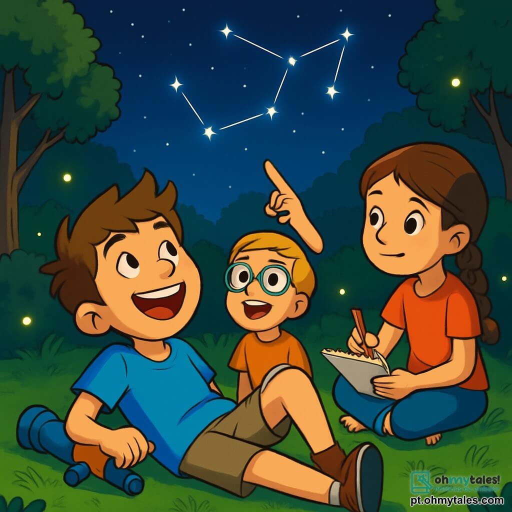 Um garoto de 12 anos, com cabelos castanhos e desgrenhados, e um grande sorriso radiante de alegria, está deitado na grama verde, com os olhos fixos no céu estrelado. Ele veste uma camiseta azul vibrante e um short bege, segurando um pequeno telescópio de plástico ao seu lado. Ao seu lado, Lucas, um garoto de 12 anos com óculos redondos e cabelos loiros, aponta para uma constelação brilhante, seu rosto iluminado pela empolgação. Ana, uma menina de 11 anos com cabelos castanhos trançados, está sentada um pouco mais distante, desenhando as estrelas em um caderno, com um olhar concentrado e deslumbrado. O local é um parque tranquilo, com grandes árvores verdes cercando um gramado suave e acolhedor, onde se pode ver vaga-lumes brilhando na escuridão. A cena principal mostra as crianças compartilhando um momento mágico de observação das estrelas, rindo e discutindo os mistérios do universo, criando memórias inesquecíveis sob o céu noturno.