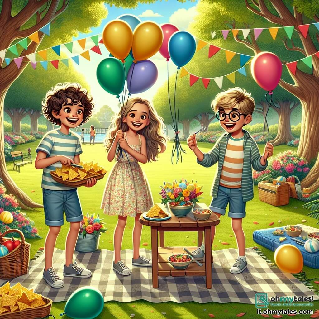 Un ragazzo di 12 anni, Marco, con capelli castani e ricci, sorride mentre prepara una festa estiva in un parco soleggiato. Indossa una maglietta colorata e pantaloni corti, tenendo in mano palloncini multicolori, pieno di entusiasmo. Accanto a lui, Sara, una ragazza di 11 anni con capelli lunghi e biondi, dispone piatti di nachos su un tavolo decorato con ghirlande, con uno sguardo concentrato e felice, indossando un vestito leggero a fiori. Luca, un ragazzo di 12 anni con occhiali e capelli castani, gonfia palloncini ridendo con Marco, vestito con una maglietta a righe e pantaloni corti di jeans. Il parco è verdeggiante, con alberi ombreggianti, fiori colorati e un cielo blu. Una grande tovaglia a quadri è stesa sull'erba, piena di delizie estive. La scena principale mostra Marco e i suoi amici mentre preparano una festa messicana, piena di gioia e colori, con risate e voci che risuonano nell'aria, creando un'atmosfera festosa e amichevole.
