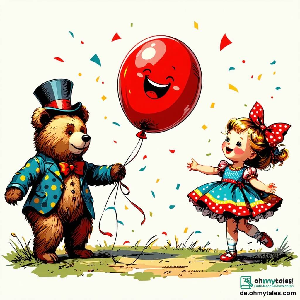 Bouncy, ein fröhlicher roter Ballon mit großem Lächeln und funkelnden Augen, springt begeistert in der Mitte des Bildes, seine runden, glücklichen Wangen leuchten. Neben ihm beobachtet ein alter Teddybär mit Zylinder, weise und leicht lächelnd, stolz die Szene, während eine bunte Puppe im gepunkteten Kleid fröhlich tanzt, ihre glänzenden Haare um sie herum wehen und große Aufregung ausdrücken. Die Szenerie ist eine grüne Wiese, durchzogen von goldenem Sonnenlicht, mit bunten Blumen, die im Wind tanzen, und einem majestätischen Baum im Hintergrund, unter dem eine kleine Zeitmaschine steht, die wie ein funkelndes Karussell aussieht. Die Hauptsituation zeigt Bouncy und seine Freunde, die gemeinsam singen, ihre Gesichter strahlen vor Freude, während sie eine Gruppe von historischen Figuren inspirieren, die um einen großen Tisch versammelt sind, bereit, eine wichtige Entscheidung über die Freiheit zu treffen.