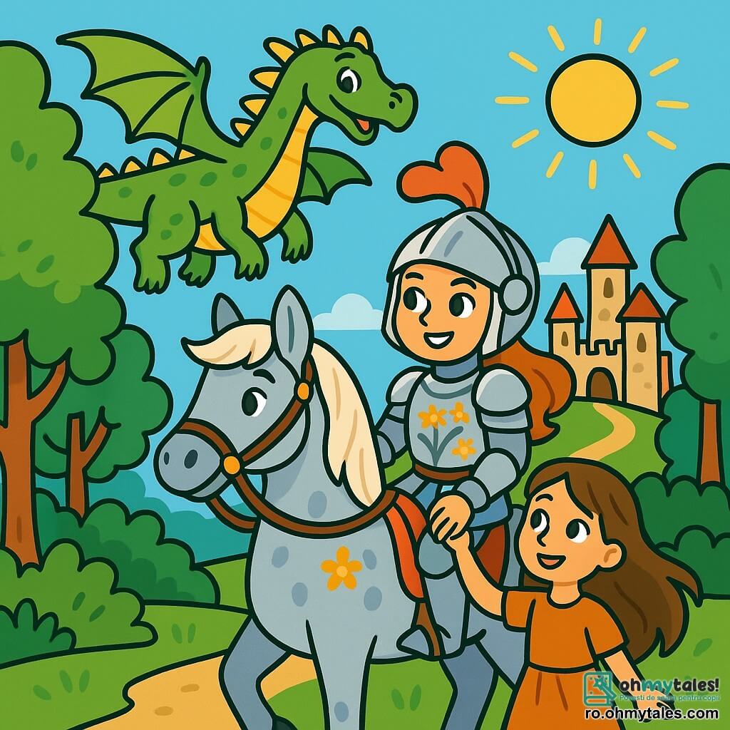O cavaleră curajoasă, numită Elara, stă mândră pe calul ei argintiu, Argintiu. Ea poartă o armură strălucitoare împodobită cu motive florale, cu un coif delicat care îi lasă la vedere fața zâmbitoare și hotărâtă. Ochii ei strălucesc de entuziasm și bravură în timp ce privește spre un castel îndepărtat. Lângă ea, o fetiță pe nume Liora, de aproximativ 10 ani, este îmbrăcată într-o rochie simplă, cu părul lung și brun fluturând în vânt. Are o privire uimită și recunoscătoare, ținând ferm mâna Elarei. În fundal, un dragon prietenos, cu solzi verzi și aurii, se ridică măreț în cerul albastru, cu aripile desfăcute, pregătit să le ofere ajutor. Peisajul constă într-o pădure densă cu copaci înalți și frunze strălucitoare, iar un drum sinuos duce spre un castel de piatră, situat pe o colină. Situația principală arată cum Elara și Liora se pregătesc să plece în aventură, cu dragonul gata să le ducă spre castelul îndepărtat, în timp ce soarele strălucește deasupra, iluminând scena cu o lumină aurie.