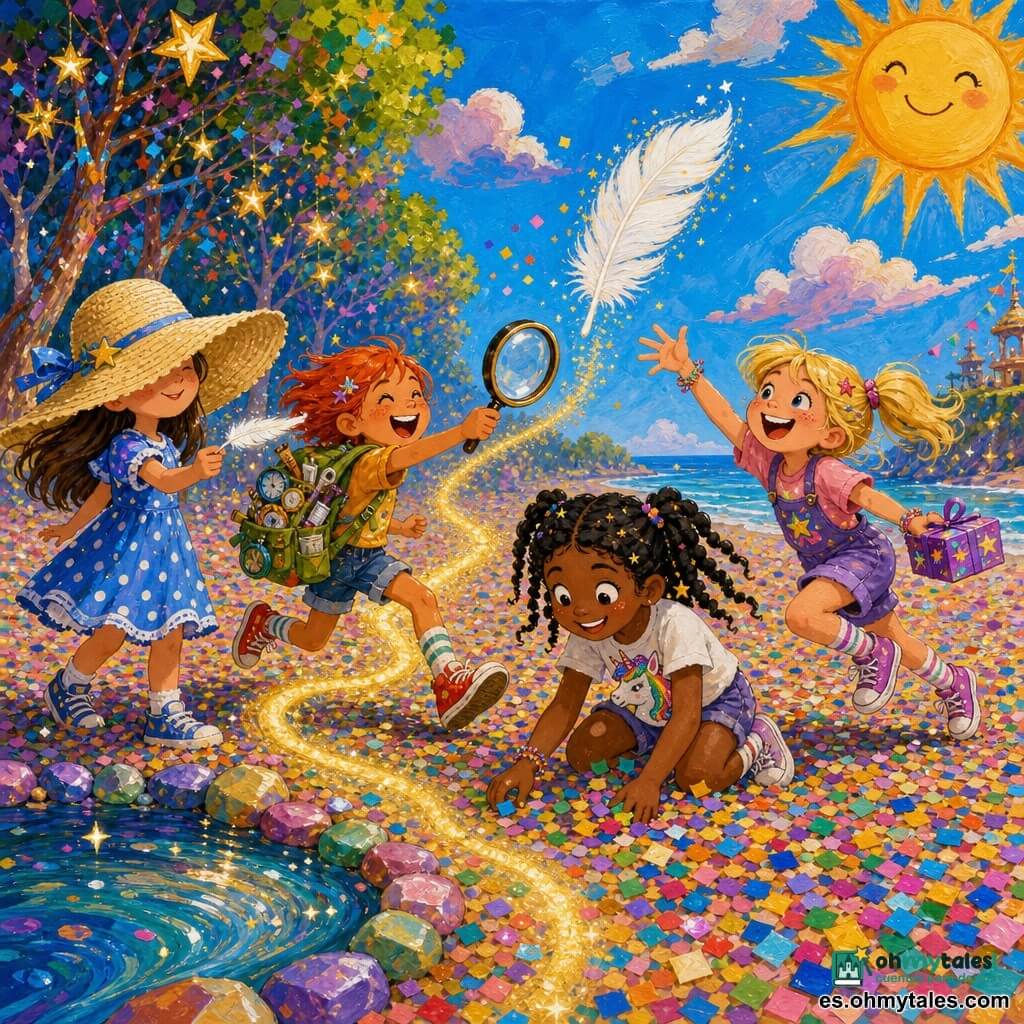 Cuatro niñas siguen una pluma blanca flotante que guía sobre un camino dorado que sale de un estanque: Luna (9 años), piel clara, gran sombrero de paja beige que le tapa casi los ojos, vestido azul de lunares blancos, sostiene la pluma y mira hacia la derecha; Sol (8 años), piel bronceada, pelo corto pelirrojo, mochila verde rebosante, corre hacia la izquierda riendo con una lupa gigante; Estrella (9 años), piel morena, trenza negra, camiseta blanca con un unicornio multicolor cambiante, recoge confeti en el centro; Cometa (8 años), piel clara, coletas rubias, sonrisa traviesa, salta hacia la pluma sosteniendo una caja de regalo violeta; lugar: playa cubierta de miles de papeles de confeti rosa, amarillo, azul y verde que brillan, a la izquierda un estanque brillante entre piedras irisadas, al fondo árboles con luces en forma de estrellas y un gran sol sonriente; ambiente absurdo y alegre, colores saturados y texturas de pintura visibles.