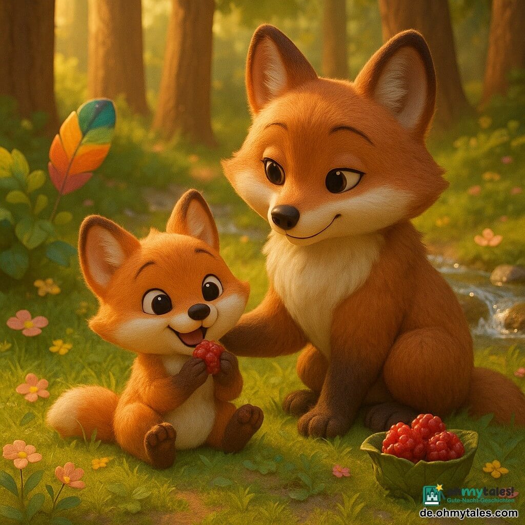 Ein kleines rotbraunes Fuchsbaby mit weißem Bauch, runden glänzenden Augen und fröhlichem Lächeln sitzt im Gras und isst eine Himbeere, neben ihm sitzt die größere Mutter mit rostbraunem Fell und liebevollem Blick, die schützend eine Pfote um das Junge legt; daneben eine kleine Schale aus Blättern mit glänzenden roten Himbeeren, ein mehrfarbiger Federballon ist teilweise hinter einem Busch versteckt und ein funkelnder Kiesel liegt auf einem großen Stein am plätschernden Bach; die Szene spielt in einer sonnigen Waldlichtung mit grünem Moosteppich, rosa und gelben Wildblumen, klar reflektierendem Wasser und goldenen Sonnenstrahlen durch braune Baumstämme; Stimmung: zärtlicher Moment nach einer Schatzsuche, familiäre Wärme, stille Freude, pastellfarbene, warme Beleuchtung, weiche runder 3D-Stilisierung mit kuscheligen Texturen und kindlichen Details.