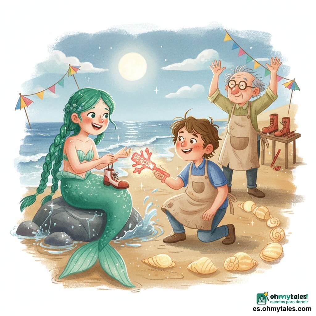 Una sirena llamada Coralina, alegre y tímida, con largas trenzas de algas verde esmeralda, piel nacarada con manchas de concha, sonríe sujetando un pequeño zapato de payaso pegado a su cola; está sentada en una roca mojada con salpicaduras brillantes. Un niño, Mateo, de unos 11 años, rostro redondo y curioso, cabello castaño despeinado y gran delantal gastado, está agachado frente a la sirena sosteniendo una llave coralina brillante grabada «PERDÓN», con mirada decidida y cálida. Un hombre mayor, el señor Chinchebota (~65 años), con pelo alborotado y gafas redondas, está en la playa con las manos en alto, expresión de vergüenza y alivio; detrás, una mesa de inventos con botas bailarinas y tornillos escarlata. Escena en una playa a la luz de la luna: arena plateada y mojada, olas tranquilas que reflejan la luna, guirnaldas de pequeñas sombrillas coloridas flotando y conchas luminosas en círculo. Situación principal: momento íntimo y luminoso en el que Mateo tiende la llave hacia el cofre imaginario del perdón mientras Coralina ríe suavemente; ambiente suave, colores pastel, reflejos nacarados y gotas brillantes, composición centrada y cálida.