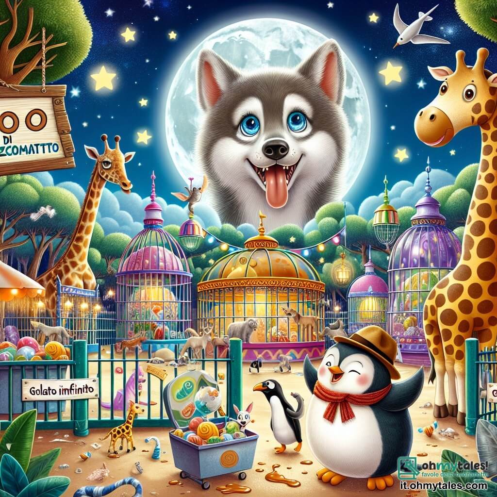 Un giovane lupo dal pelo grigio e rotondo, con grandi occhi brillanti di curiosità, si trova al centro dell'immagine, con la lingua di fuori per l'eccitazione e un piccolo cappello da detective in testa. A destra, una grande giraffa dal lungo collo, con macchie dorate e un sorriso amichevole, osserva il cielo stellato, pronta a individuare indizi. A sinistra, un pinguino dalle piume nere e bianche, con una sciarpa rossa, scivola allegramente sul terreno, ridendo di gusto. Il contesto è uno zoo incantato, illuminato dalla luce della luna, con gabbie colorate, alberi verdi e stelle scintillanti nel cielo. Sullo sfondo, un grande cartello di legno indica "Zoo di BoscoMatto". La scena principale mostra il lupo, la giraffa e il pinguino in cerca di indizi per trovare il leggendario Gelato Infinito, circondati da tracce di caramello e risate fragorose.