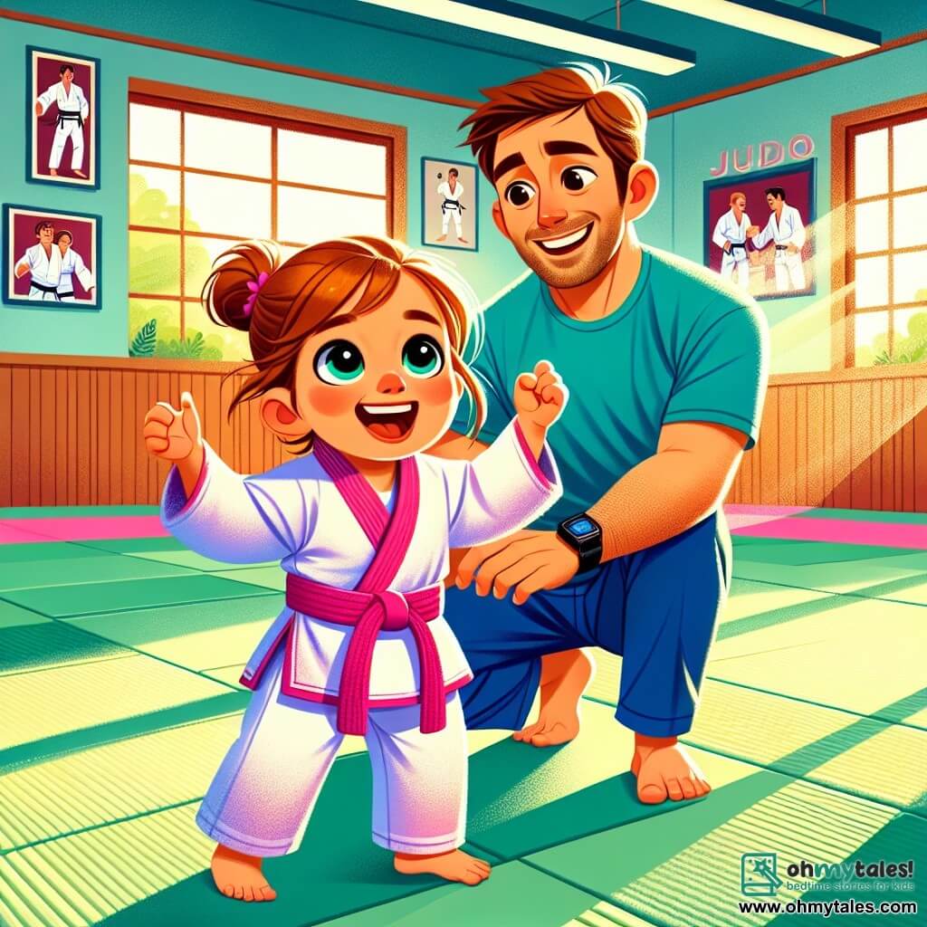 A 2-year-old girl with big bright eyes and a radiant smile is wearing a pink judo gi. She is training with her arms raised, ready to perform a judo move, showing a joyful determination on her face. Next to her is Coach Sam, a man in his 30s with brown hair and a well-groomed beard, wearing a blue t-shirt and sports pants. He smiles and encourages her with friendly gestures, standing slightly back to observe her. The setting is a bright dojo with green mats on the floor and walls adorned with posters of judo champions. Sunlight streams through the windows, creating a warm and welcoming atmosphere. The main scene shows the girl enthusiastically executing a judo move while Coach Sam proudly encourages her, creating a joyful and dynamic ambiance.