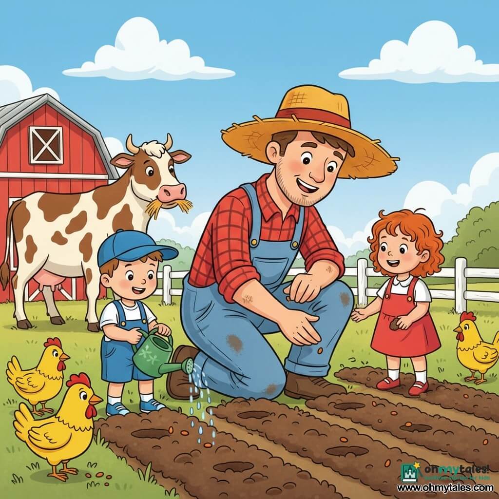 A kindly smiling farmer wearing a tilted straw hat, a red plaid shirt and a slightly dirty blue overall crouches to show how to plant tiny orange carrot seeds in dark soil; to his right Lucy, about 5, with curly red hair and a red dress gently covers a seed, to his left Max, about 6, in a blue cap and shorts pours water from a small green watering can, while Daisy the large white-and-brown spotted cow chews hay near a red wooden barn and several yellow hens peck around in a sunny field with soft brown earth, neat rows of small mounds, and a blue sky with fluffy clouds, creating a warm, joyful planting scene.