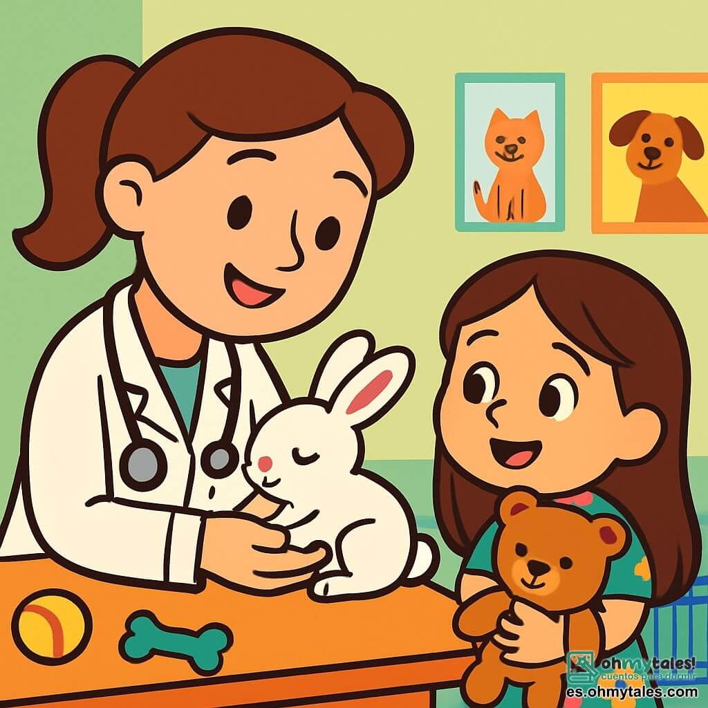 La doctora Clara es una mujer sonriente, de unos treinta años, con cabello castaño recogido en una coleta. Lleva una bata blanca y un estetoscopio al cuello, mirando con ternura a un pequeño conejo blanco que sostiene delicadamente en sus manos. Sus ojos brillan de empatía y dulzura. Al lado de ella, Sofía, una niña de 6 años, tiene el cabello largo y castaño y lleva un vestido colorido con estampados de flores. Mira al conejo con ojos asombrados, abrazando su oso de peluche. Su rostro expresa gran alegría y deseo de ayudar. La escena se desarrolla en una clínica veterinaria luminosa, con paredes pintadas de verde pastel y carteles de animales. Se ven juguetes para animales y jaulas cómodas, creando un ambiente acogedor. La situación principal muestra a la doctora Clara cuidando al pequeño conejo herido, mientras Sofía observa atentamente, lista para aprender a cuidar de los animales con amor y compasión.