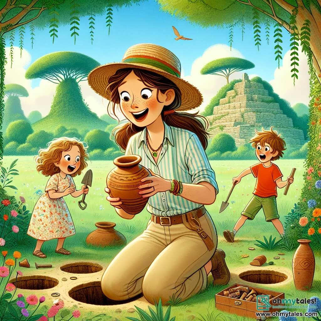 In the center of the image, Lily, an enthusiastic archaeologist in her thirties with long brown hair tied in a ponytail, wears a straw hat, a short-sleeved shirt, and beige pants. She smiles in wonder while holding an old terracotta pot. To her right, Jack, an 8-year-old boy with messy blonde hair in a red t-shirt, is digging with a small shovel, his eyes shining with excitement. On the left, Mia, a 6-year-old girl with curly hair in a floral dress, delicately cleans ancient beads with a brush, her face radiating joy. The setting is a lush green park with tall trees, colorful flowers, and visible excavation holes in the soft ground. In the distance, a clear blue sky is dotted with fluffy white clouds. The scene depicts Lily, Jack, and Mia on a treasure hunt, surrounded by their archaeological finds, sharing a moment of discovery and friendship, with bright smiles on their faces.