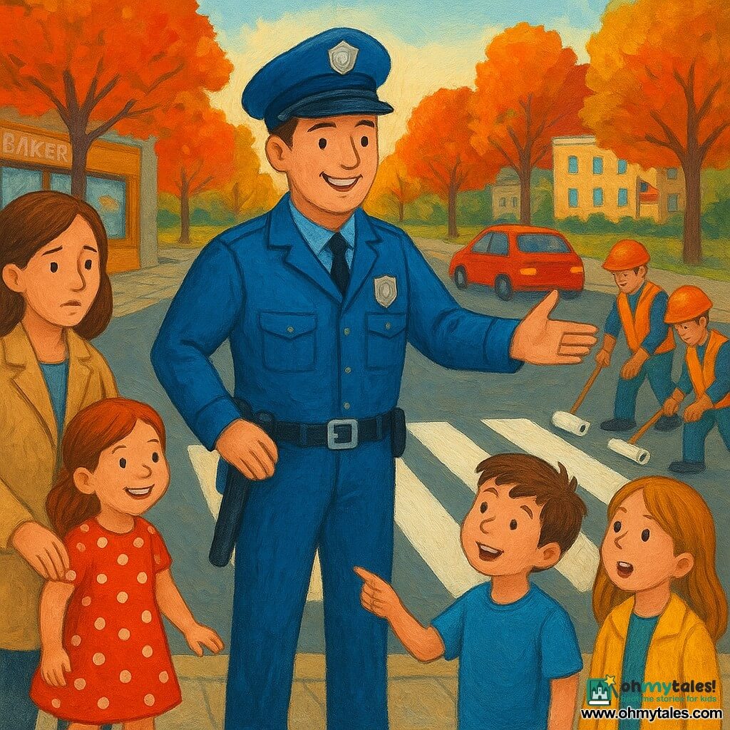 A smiling, calm police officer in a shiny blue jacket and round hat gestures to direct traffic while a relieved-looking mother in a beige coat holds her young daughter's hand near the curb; the little girl in a red polka-dot dress beams at the officer as a boy (Jake, ~9) in a blue T-shirt and a girl (Mia, ~8) in a yellow jacket stand side by side pointing at the freshly painted zebra crossing being created by two workers in orange helmets—one rolling a wide white stripe and the other refining the edges—cars stopped calmly at an intersection by a small park with autumn trees, cobbled sidewalks, a bakery to the left, a school with a flag in the background, clear sky and warm morning light, vivid colors, sharp lines and thick acrylic paint textures.