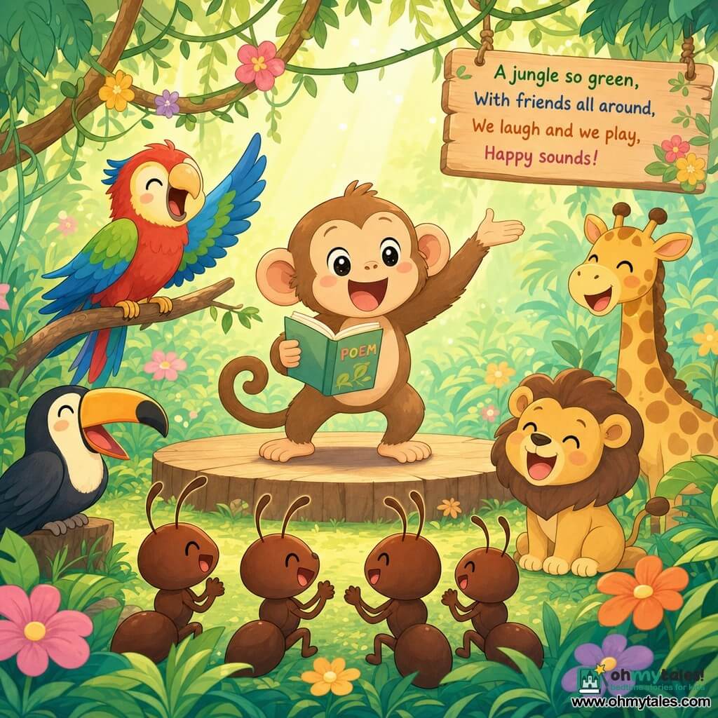 A playful, joyful light-brown furry monkey with large round ears and a big smile, pearl-black eyes, waving its arms as if reciting a poem on a small wooden stage, a colorful parrot with vivid blue, green and red feathers and a mischievous expression perched on a nearby branch mimics by opening its beak wide and spreading a wing, background kawaii silhouettes of a giraffe, lion cub, toucan and ants laughing with crescent eyes seated in a semicircle around the stage, set in a bright jungle clearing with broad green leaves, hanging vines, golden sunbeams filtering through the trees and colorful flowers on the ground, a comedic performance with exaggerated gestures and the audience bursting into laughter in a festive, warm atmosphere.