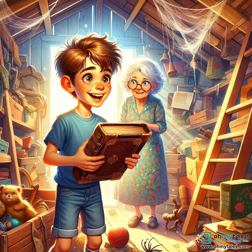 A 10-year-old boy with messy brown hair and sparkling curious eyes holds an old leather book under his arm. His face is lit up by a wide smile, revealing his excitement and adventurous spirit. He wears a blue t-shirt and denim shorts, with worn-out sneakers. Next to him, his grandmother, a woman around 70 with silver hair and round glasses, watches with a warm smile. She is dressed in a floral dress and stands near an old wooden ladder, surrounded by dusty boxes. The scene takes place in a bright attic, with sunlight filtering through a dirty window, illuminating cobwebs and antique objects. Wooden toys, yellowed books, and forgotten mementos are scattered around them. The enthusiastic boy opens the book and discovers a mysterious map, while his grandmother encourages him to embark on an adventure. The atmosphere is filled with magic and promises of hidden treasures, creating a sense of exploration and discovery.