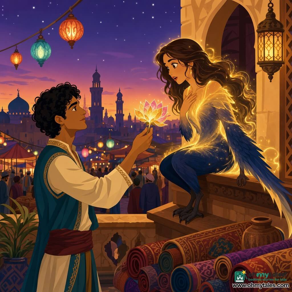 A man named Amir, slim-faced with olive skin and curly black hair, tenderly holds a glowing golden-and-pink flower toward Layla, a ~20-year-old woman with long brown hair half-transformed into a nightingale with midnight-blue feathers and a human chest, perched on a wooden windowsill; they stand on an ochre-stone house terrace in a nighttime bazaar with hanging colored lanterns and distant towers under a violet-orange twilight sky as Amir offers the magical flower just as a golden light begins to envelop her feathers and skin, creating a warm, hopeful atmosphere.