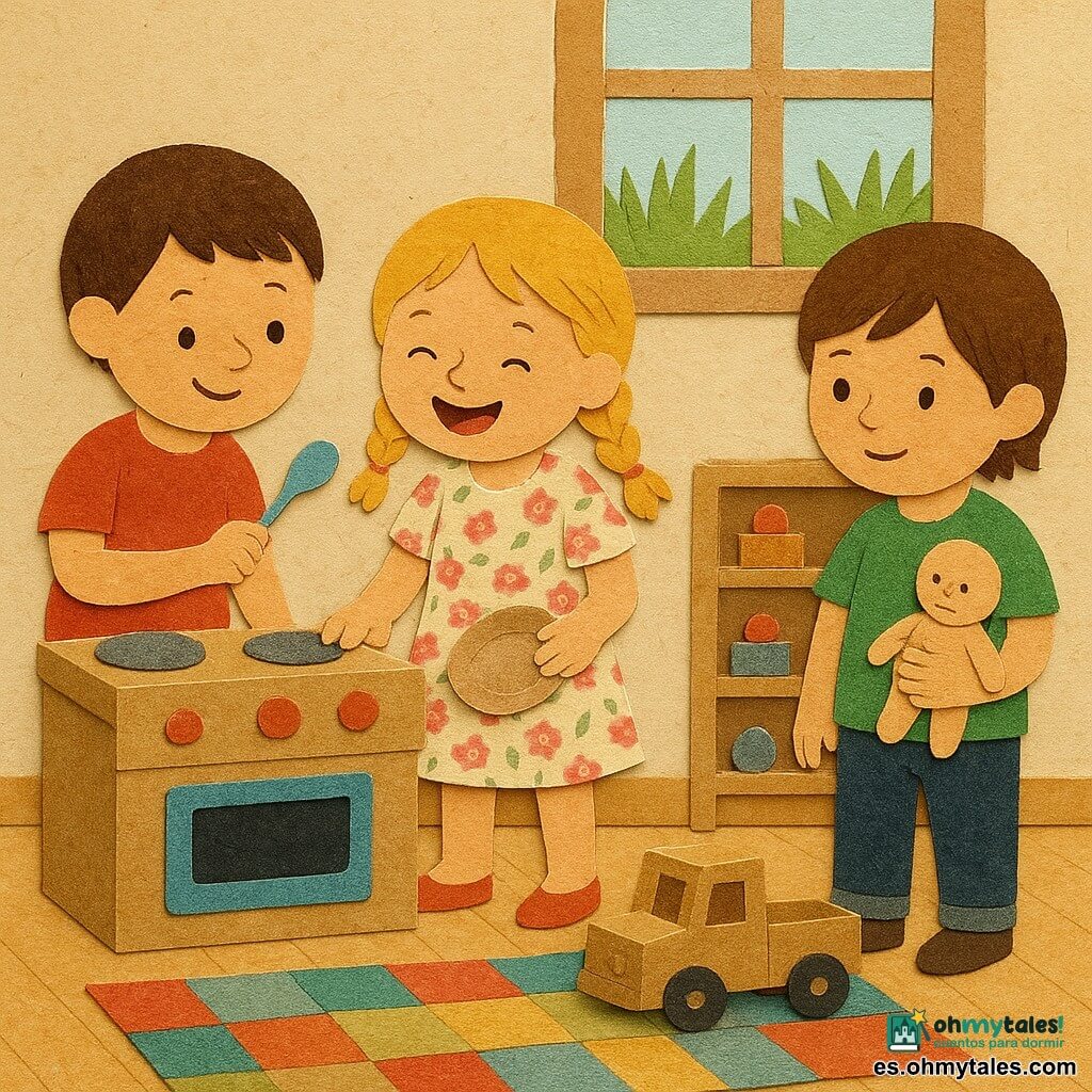 Tomás, niño de 4 años, sonríe tímidamente; cara redonda, cabello castaño corto, juega con una cucharita de plástico frente a una mini cocina de madera; Luna, niña de unos 4 años, ríe y está concentrada; trenzas rubias, vestido de flores, sostiene un plato de cartón junto a la cocina; Alex, niño de unos 4 años, tranquilo y atento; pelo medio, camiseta verde, sostiene un pequeño muñeco junto a la alfombra de juego. Escena en una guardería soleada con suelo de madera claro, alfombra colorida, mesas bajas y una estantería con juguetes de madera; ventanas grandes con cortinas con motivos de hierba. Situación: los tres comparten juguetes y se turnan con un camión de madera y la cocina, usando un reloj de arena de plástico para turnarse. Estilo: composición en recortes de papel, texturas pegadas, colores vivos y contrastados, sombras suaves y bordes rasgados visibles.