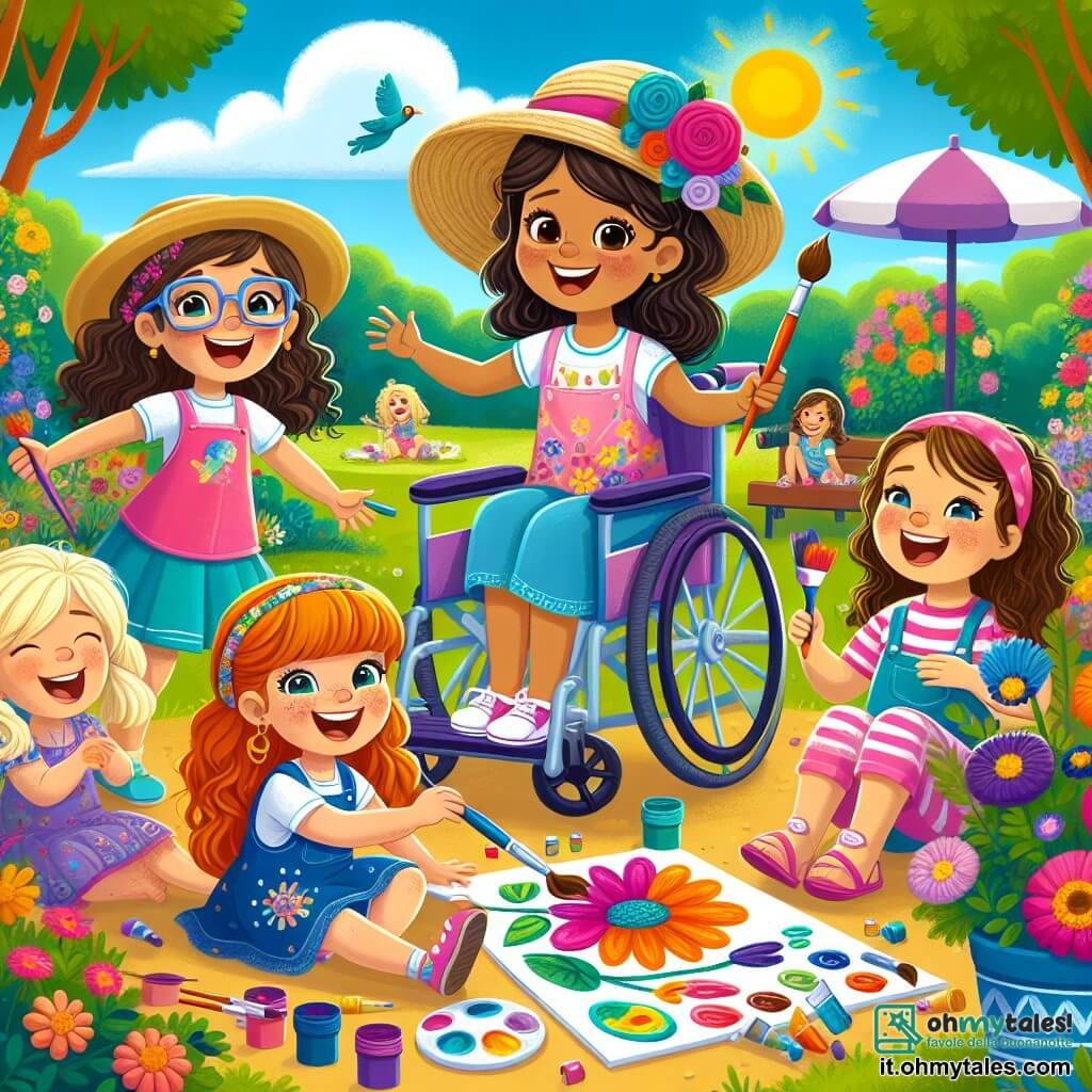 In un bel parco estivo, cinque ragazze felici, di età compresa tra 8 e 10 anni, sono riunite. Anna, una ragazza di 9 anni con capelli castani e occhiali, sorride tenendo un pennello colorato al centro, circondata dalle amiche. Emma, una ragazza di 10 anni in sedia a rotelle con capelli biondi e una maglietta rosa, è a sinistra di Anna, ridendo e tenendo una tavolozza di colori. Sara, una ragazza di 8 anni con capelli ricci e un cappello di paglia, è a destra di Anna e mostra un grande disegno di fiori. Lila, una ragazza di 9 anni con trecce e un vestito blu, è seduta a terra circondata da barattoli di vernice, mentre Mia, una ragazza di 8 anni con capelli neri e una gonna colorata, lancia una palla a Emma, che ride. Il parco è pieno di fiori brillanti, alberi verdi e un cielo azzurro soleggiato. Sullo sfondo si intravede una piccola casa di legno decorata con colori vivaci, dove i bambini hanno dipinto il loro capolavoro. Le ragazze si divertono a dipingere insieme, creando un grande quadro colorato mentre ridono e si incoraggiano. È un momento di gioia e creatività, dove amicizia e estate si incontrano.
