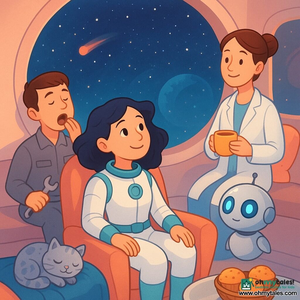 A smiling, serene female commander with black hair like a cloud in a white-and-silver spacesuit with turquoise details sits relaxed in a plush chair before a large circular window, awe-filled gaze on the stars, hands on her knees; to her right floats Pip, a small round polished-metal robot with glowing blue eyes, curious toward the window; slightly behind left, a 30-year-old male engineer with short brown hair in a gray work suit, wrench at his belt, sits yawning and holding a tool; near a cushion behind the chair, a 40-year-old female doctor with tied-back hair and a light coat holds a cup of tea, reassured; Captain Meow, a small fluffy silver-and-blue-spotted cat, is curled on a blanket beside the chair; the circular observation lounge of a spaceship has wide curved windows showing a high-contrast starry sky with a blue planet and a small red comet, soft pastel lighting (blue, pink, gold), plush cushions and muffins in a chrome low table; the team watches shimmering star patterns on the windows in a calm, magical atmosphere, warm colors and soft textures, clean vector style suitable for a children’s book.