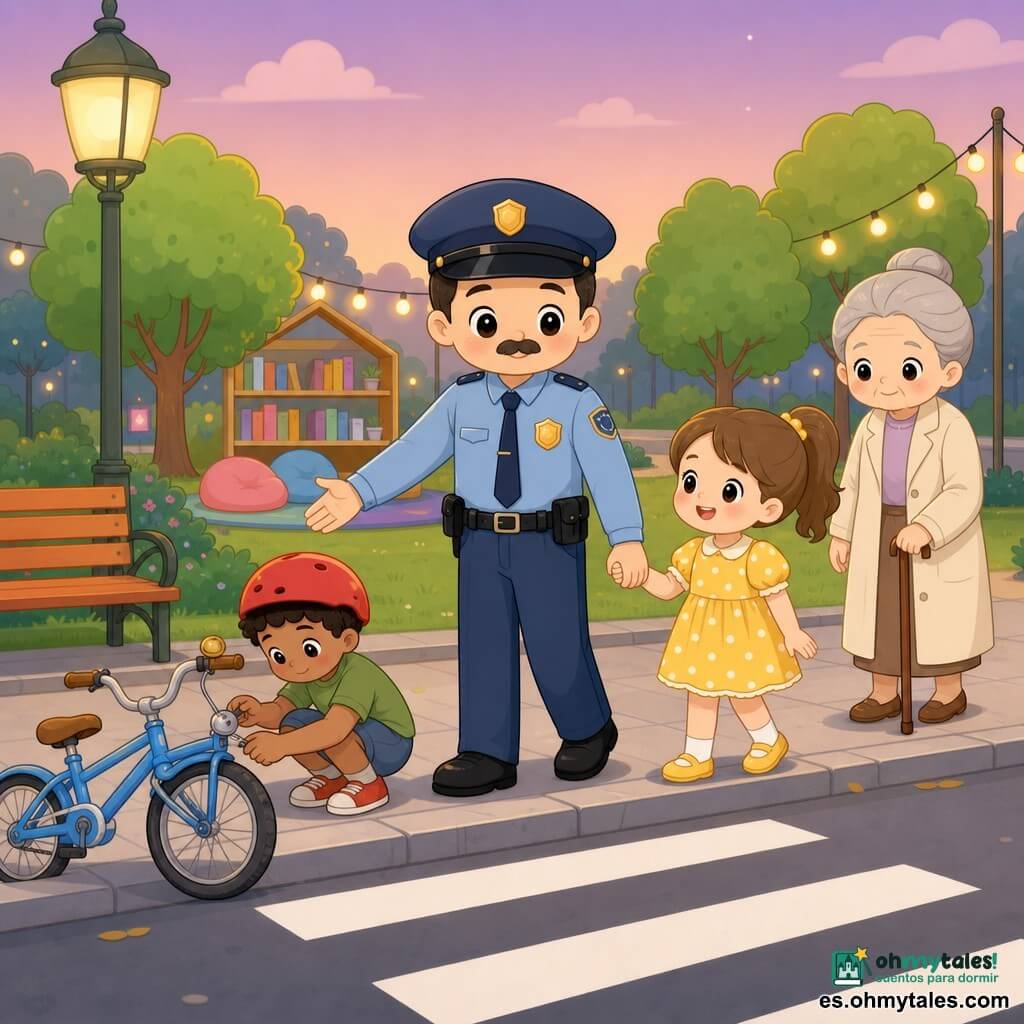 Un policía sonriente y bondadoso de rostro redondo y bigote fino, con uniforme azul claro y gorra limpia, ayuda a cruzar la calle extendiendo la mano; a su derecha Ana, niña de 8 años con vestido amarillo de lunares y cola de caballo, le toma la mano y sonríe; a la izquierda, Luis, niño de 7 años con casco rojo y camiseta verde, agachado arreglando la bocina de su pequeña bicicleta azul; detrás del policía, una mujer mayor de unos 75 años con bastón, abrigo crema y pelo gris recogido, espera en la acera; el escenario es una esquina de parque al crepúsculo con árboles verdes redondeados, banco naranja, pequeño rincón de lectura con estanterías de libros y guirnaldas luminosas, acera limpia y paso de peatones en primer plano, ambiente cálido, composiciones sencillas y colores pastel.