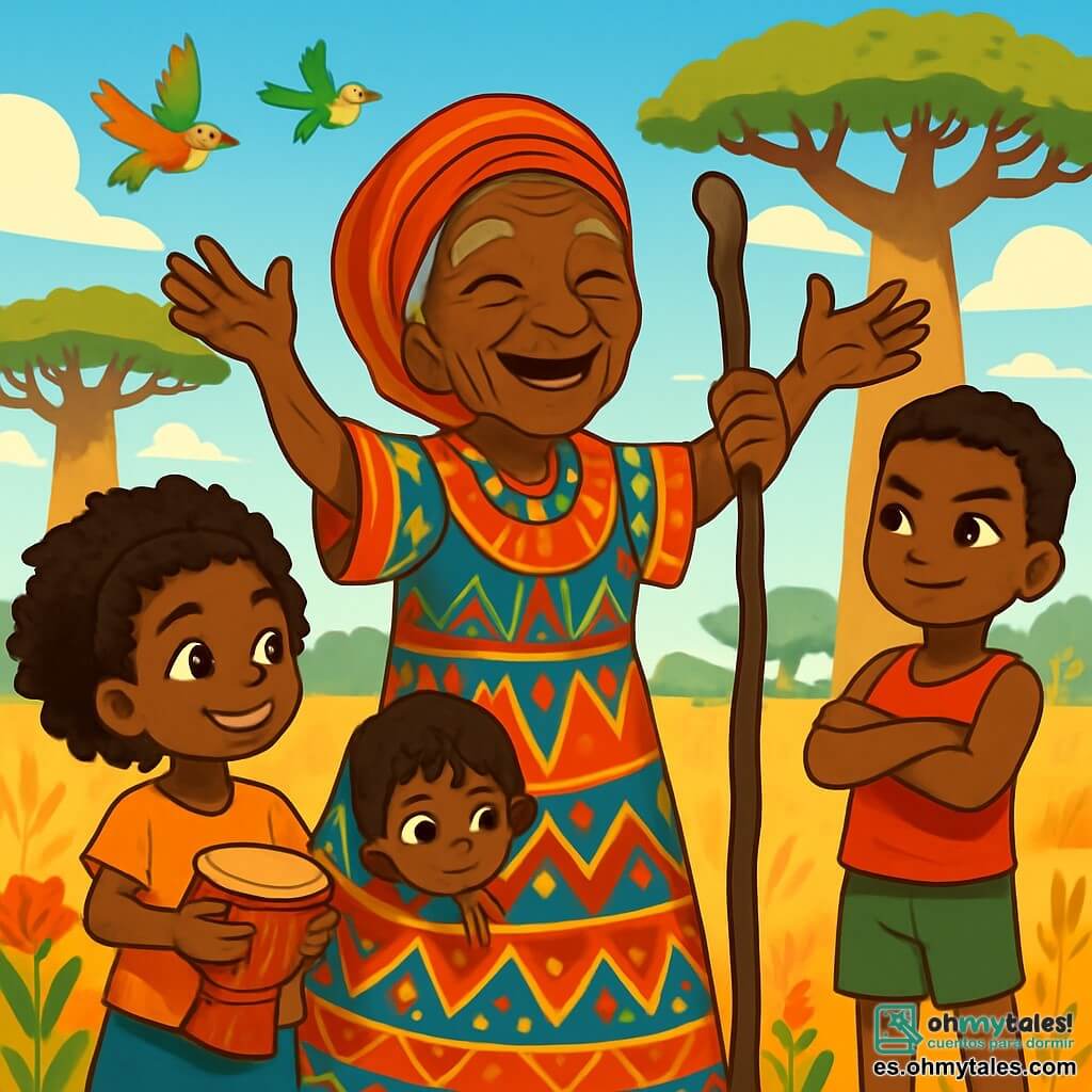 La escena muestra a la sabia abuela Baobab, una mujer mayor con piel arrugada como la corteza de un árbol, una sonrisa cálida y ojos chispeantes de sabiduría. Lleva un vestido colorido adornado con motivos africanos y sostiene un bastón de ébano, levantando los brazos con entusiasmo, rodeada de niños maravillados. A su lado, Amina, una niña de 10 años con cabello rizado y ojos brillantes, mira a la abuela con admiración, sosteniendo un pequeño tambor de madera. Lulú, una niña de 8 años, se esconde detrás del vestido de la abuela, con ojos redondos y curiosos que emergen tímidamente, mientras que Bako, un niño de 12 años, se mantiene orgulloso y fuerte, con los brazos cruzados y una mirada decidida. El decorado es una sabana dorada, salpicada de majestuosos baobabs con troncos anchos y ramas extendidas, bajo un cielo azul brillante. Aves coloridas vuelan por encima, y flores silvestres de tonos vivos añaden un toque de magia al entorno. La situación principal muestra a la abuela Baobab contando una historia cautivadora a los niños, todos reunidos a su alrededor, escuchando atentamente, con sus rostros iluminados por la luz del sol poniente, llenos de asombro y curiosidad.