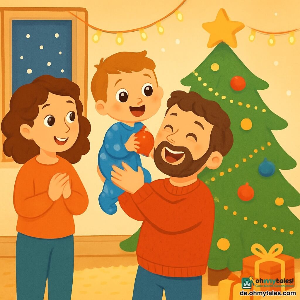 Ein kleiner Junge von 2 Jahren namens Emil, mit großen, leuchtenden Augen und einem erstaunten Lächeln, steht vor einem wunderschönen Weihnachtsbaum. Er trägt einen blauen Schlafanzug mit weißen Sternen und hält eine rote Weihnachtskugel in seinen kleinen Händen. Neben ihm steht seine Mama, eine Frau in ihren Dreißigern mit lockigem, kastanienbraunem Haar, die ihn liebevoll anlächelt, während sein Papa, ein Mann in seinen Dreißigern mit einem weichen Bart und einem roten Wollpullover, Emil lachend in den Armen hält. Die Atmosphäre ist warm: ein gemütlicher Raum mit cremefarbenen Wänden, einem weichen Teppich auf dem Boden und glitzernden Lichtern um den Baum. Draußen fallen sanft Schneeflocken und schaffen eine magische Stimmung. Die Szene zeigt Emil, der fasziniert die Weihnachtskugel hält, während seine Familie Weihnachtslieder singt und den Raum mit Freude und Licht erfüllt.