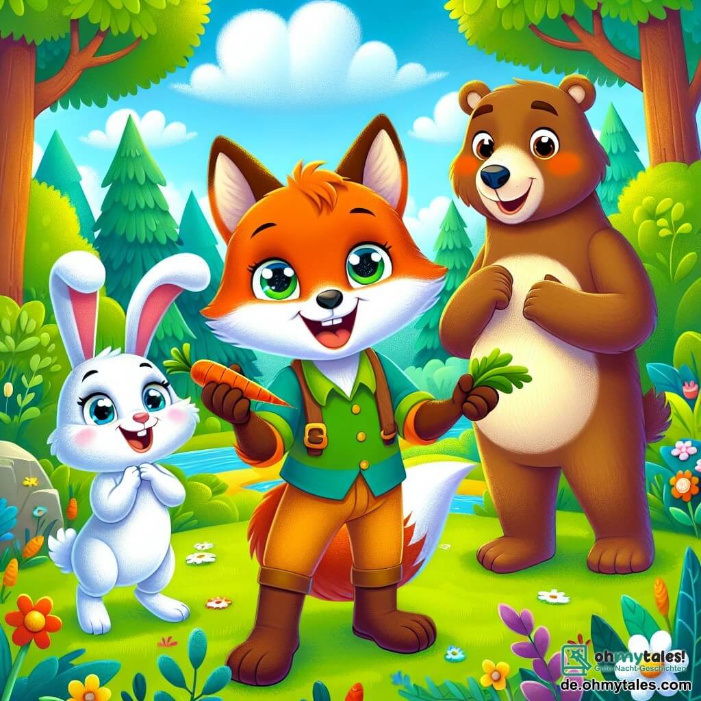Ein kleiner Fuchs namens Felix mit leuchtend orangefarbenem Fell und neugierigen Augen steht in der Mitte einer sonnigen Lichtung, mit einem breiten Lächeln im Gesicht, und versammelt alle Tiere des Waldes zu einem großen Fest. Rechts von ihm hüpft ein fröhlicher Hase namens Hanni mit langen Ohren und weißem Fell vor Freude, während sie eine Karotte in ihren Vorderpfoten hält und ihr Gesicht vor Aufregung strahlt. Links von ihm steht ein großer brauner Bär namens Bruno mit einem sanften und freundlichen Blick, bereit, auf einem Trommel zu spielen, und zeigt einen Ausdruck von Stolz und Ermutigung. Die Szene spielt sich in einer grünen Lichtung ab, umgeben von großen Bäumen mit leuchtenden Blättern, bunten Blumen auf dem Boden und einem klaren blauen Himmel mit flauschigen weißen Wolken. Felix, Hanni und Bruno organisieren ein Fest, bei dem sich alle Tiere, groß und klein, versammeln, um ihre Talente und Freundschaft zu feiern und so die Bedeutung von Gleichheit und Solidarität in ihrer Gemeinschaft zu verdeutlichen.