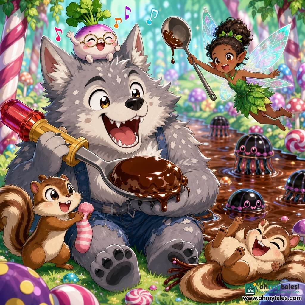 A funny, chubby werewolf with fluffy light-gray fur and white patches, big bright eyes and a mischievous grin full of small teeth, laughs while holding a huge pudding spoon; perched on its head is a smiling pale-purple round turnip wearing glasses and waving a paw; two playful chipmunks with brown-and-cream stripes—one holding a pink candy-shaped sock, the other rolling on the ground laughing—join them; a tiny fairy in a shiny emerald leaf dress with iridescent wings flies above the glossy chocolate pudding pond holding a giant spoon; they stand in the Marshmallow Forest with candy-cane trees, mint-green bouncy grass, purple polka-dotted spring mushrooms, and floating licorice jellyfish as the werewolf prepares to taste a spoonful and his joyful friends cheer.