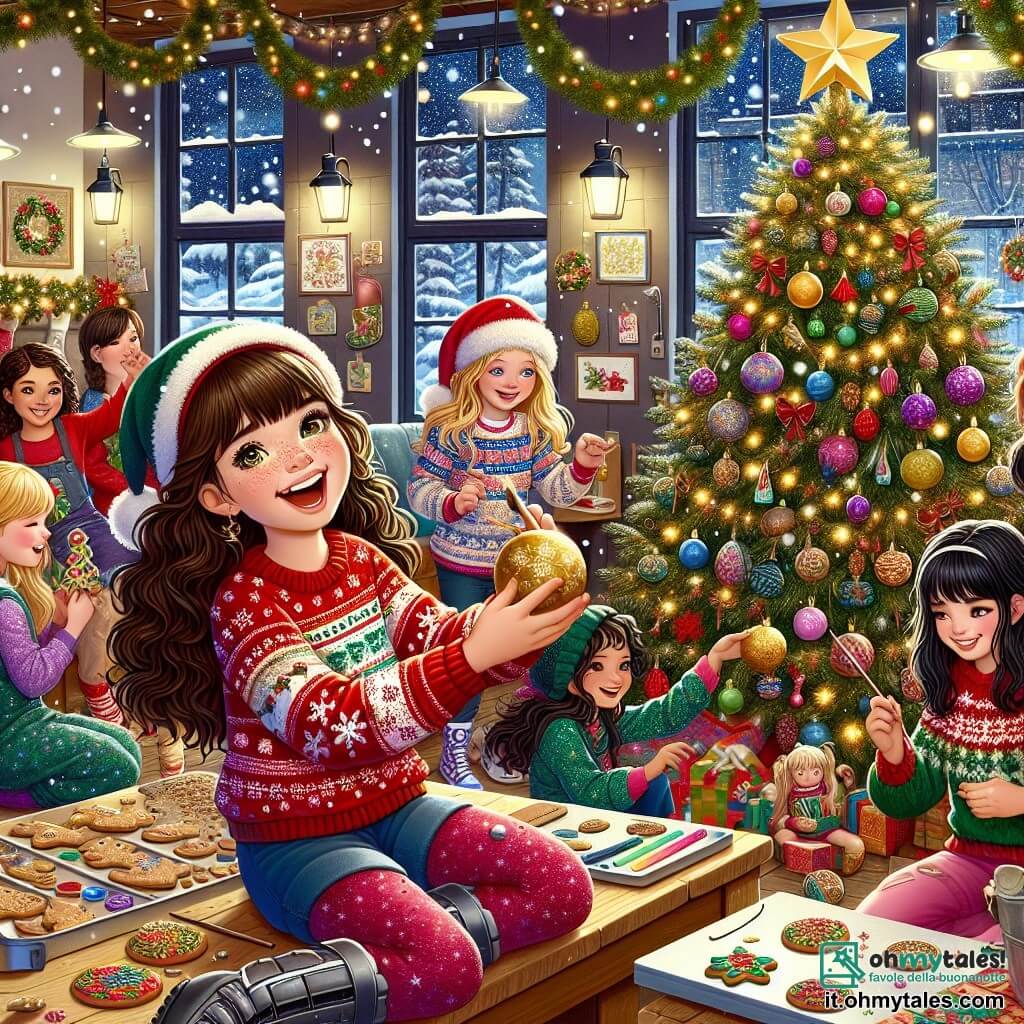 In una calda sala comune di un orfanotrofio, dieci ragazze di dieci anni si riuniscono attorno a un grande albero di Natale decorato con ghirlande scintillanti e palline colorate. Carla, con i lunghi capelli castani e un maglione rosso con fiocchi di neve, sorride mentre tiene una stella dorata da mettere in cima all'albero. Giulia, con i capelli biondi e ricci e un cappello di Natale, ride mostrando una vecchia pallina di Natale. Sofia, con una gamba di legno e capelli castani, è seduta su una sedia decorando biscotti di Natale con glassa colorata. Francesca, con capelli neri e un maglione verde, è in piedi vicino al tavolo preparando biglietti di auguri con disegni festivi. La sala è piena di luci scintillanti e profumo di biscotti appena sfornati. Le ragazze si preparano gioiosamente per una festa di Natale a sorpresa, ridendo e cantando insieme, mentre lo spirito del Natale le circonda.