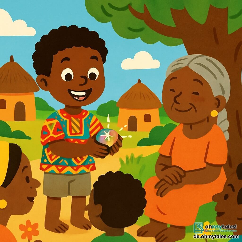 Ein junger Junge namens Kofi, etwa 10 Jahre alt, mit lockigem Haar und einem großen, fröhlichen Lächeln, hält einen kleinen, glänzenden und bunten Stein in seinen Händen. Er trägt ein T-Shirt aus traditionellem afrikanischem Stoff mit lebhaften Mustern und eine Stoffshorts. Neben ihm sitzt eine alte Frau, eine weise Frau des Dorfes, mit geflochtenem grauem Haar und einem sanften Gesicht, unter einem großen Baobab und lächelt ihn an, während sie ihn ermutigt, seine Geschichten zu teilen. Der Ort ist ein malerisches afrikanisches Dorf mit Lehmhäusern und Strohdächern, umgeben von grünen Feldern und bunten Blumen. Kofi steht im Mittelpunkt, strahlend vor Aufregung, während er den versammelten Dorfbewohnern seine Abenteuer erzählt, die von seinen Worten und dem Funkeln des magischen Steins gefesselt sind.