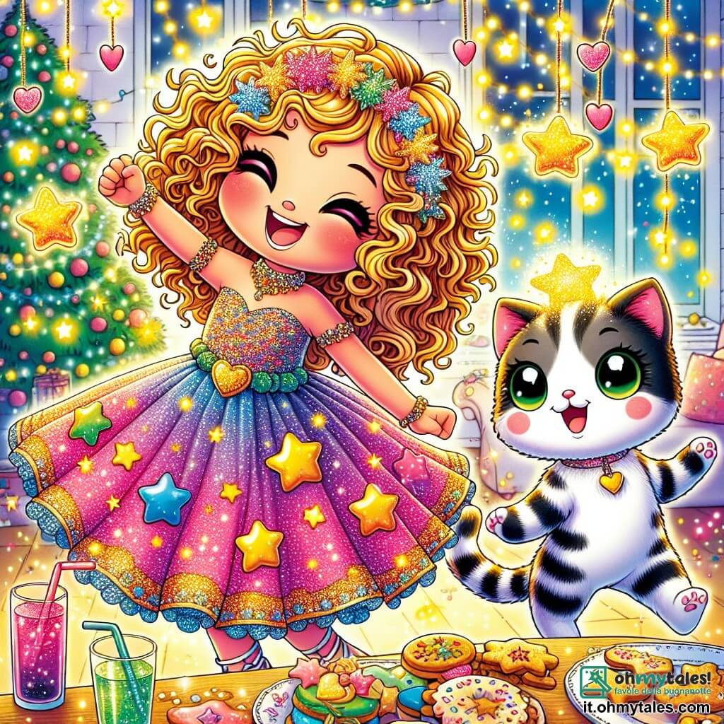 Una bambina di 6 anni, di nome Marta, con capelli ricci e dorati come raggi di sole, è piena di gioia ed eccitazione. Indossa un vestito colorato decorato con stelle e cuori, e danza con un grande sorriso sul volto, circondata da luci scintillanti. Accanto a lei, Gatto Pancione, un gatto magico con pelliccia a strisce bianche e nere e occhi verdi scintillanti, sta facendo un giro su se stesso lanciando polvere di stelle nell'aria. Si trova su un tavolo decorato con biscotti a forma di stelle, aggiungendo un tocco di magia alla scena. La scena si svolge in una sala accogliente, illuminata da ghirlande di luci colorate, con muri decorati da disegni di fuochi d'artificio. Un grande tavolo è pieno di deliziosi biscotti e bevande frizzanti, creando un'atmosfera festosa e accogliente. Marta e Gatto Pancione festeggiano insieme il Capodanno, circondati da decorazioni scintillanti, in un'atmosfera gioiosa e magica, pronti ad accogliere un nuovo inizio con la loro famiglia.