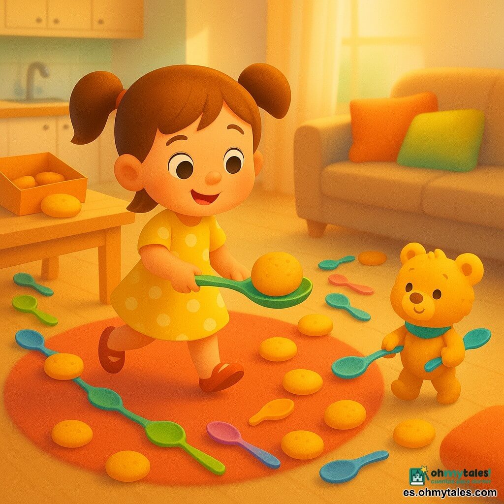 Niña de 4 años, alegre y concentrada, pelo castaño claro en coletas, ojos redondos sonrientes, vestido amarillo con lunares blancos, sostiene una cucharona verde con una galleta redonda y camina despacio; un osito de peluche llamado Osito Patoso, pequeño y esponjoso color mostaza con bufanda azul, sostiene una cucharita azul al final de la fila de cucharas listo para atrapar la galleta; escena entre cocina luminosa y salón acogedor: mesa de madera clara con caja de galletas abierta, alfombra roja mullida y cojines coloridos en el sofá; varias cucharas coloridas (verdes, azules, rosas) alineadas desde la caja hasta el sofá, algunas sobre la alfombra; galletas doradas brillantes, algunas sobre cucharas, otras rodando; luz suave de tarde filtrada por una ventana con cortina ligera, sombras suaves y tonos cálidos; composición centrada en la niña y la línea de cucharas, vista ligeramente en picado; estilo: formas simples, colores saturados, texturas suaves, trazos redondeados y ambiente lúdico.