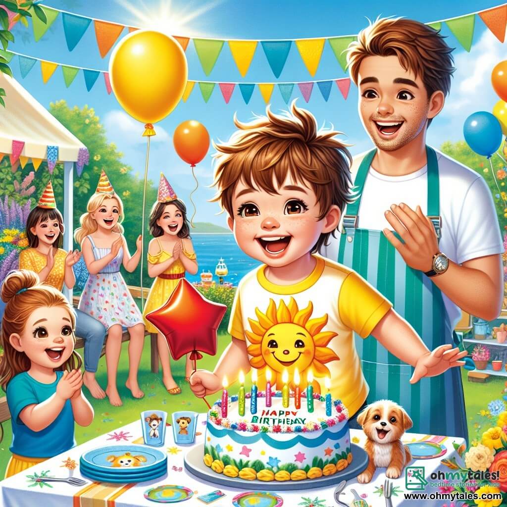 A 3-year-old boy named Leo, with messy brown hair and a big smile, is wearing a yellow t-shirt with a smiling sun. He joyfully jumps while holding a red star-shaped balloon. Next to him, his mom, a woman in her thirties with brown hair in a bun and a colorful apron, smiles while holding a birthday cake decorated with candles. His dad, a man in his thirties with a light beard and a blue t-shirt, claps enthusiastically, standing near a group of friends. The scene takes place in a sunny garden filled with colorful balloons, garlands, and a large table set with festive plates and cups. Multicolored flowers surround the area, adding a touch of magic to the atmosphere. Leo is surrounded by his friends singing "Happy Birthday" as he prepares to blow out the candles on his cake, his face beaming with joy and excitement.