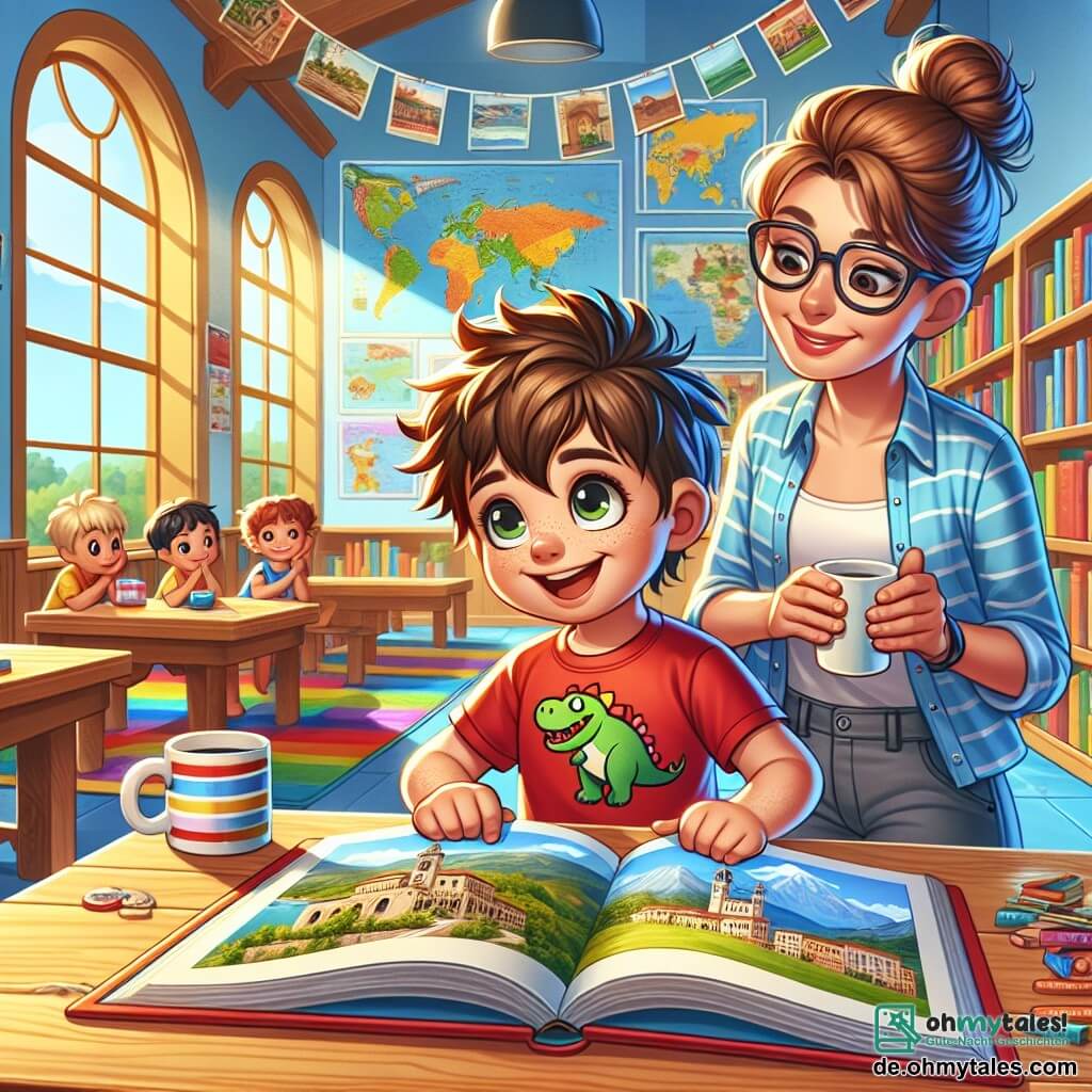 Ein 6-jähriger Junge, Max, mit zerzausten braunen Haaren und neugierigen, funkelnden Augen, sitzt an einem Holztisch in einer hellen Bibliothek. Er trägt ein rotes T-Shirt mit einem Dinosaurier-Motiv und eine blaue Shorts. Max lächelt staunend und hält ein großes, aufgeschlagenes Buch mit bunten italienischen Landschaften vor sich. Neben ihm steht seine Mutter, eine Frau in ihren Dreißigern mit braunen, hochgesteckten Haaren und Brille, die wohlwollend zusieht. Sie hält eine Tasse Kaffee und beobachtet ihren Sohn mit einem warmen Lächeln. Der Ort ist eine geräumige Bibliothek mit Regalen voller Bücher mit bunten Einbänden, bunten Teppichen auf dem Boden und großen Fenstern, die Sonnenlicht hereinlassen. An den Wänden hängen Poster mit Weltkarten und Bildern verschiedener Länder. Die Hauptsituation zeigt Max, der fasziniert Bilder von Italien in seinem Buch entdeckt, während Kinder um ihn herum aufmerksam den Reisegeschichten lauschen, alle gefesselt von Abenteuer und Entdeckung.