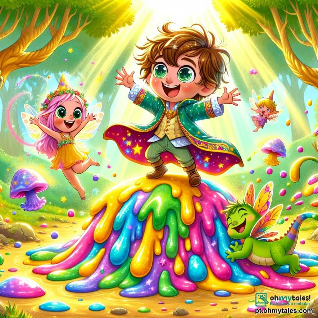 Um jovem bruxo chamado Zico, com cabelos desgrenhados e uma robe de bruxo colorida, está no centro da imagem, sorrindo e dançando alegremente no meio de um montículo de gelatina colorida que espirra ao seu redor. Seus olhos brilham de excitação e felicidade, mostrando que ele está se divertindo muito. À sua direita, sua melhor amiga, Lila, uma pequena fada com asas cintilantes e cabelos rosas, ri enquanto flutua no ar, com os braços levantados em sinal de alegria. Ela veste um vestido leve feito de pétalas de flores e brilha sob a luz do sol. À esquerda de Zico, Roni, um dragão engraçado, com escamas verdes e olhos travessos, dança fazendo piruetas, suas pequenas patas tocando a gelatina e criando respingos coloridos. Ele tem um grande sorriso no rosto e parece muito feliz por participar da festa. O cenário é uma clareira encantada, cercada por árvores com troncos dourados e flores multicoloridas que dançam ao vento. Raios de sol filtram através das folhas, iluminando a cena com uma luz mágica e acolhedora. A situação principal mostra Zico que, em vez de fazer aparecer um bolo gigante, acidentalmente criou uma festa de gelatina, e todos os personagens se divertem juntos, dançando e rindo no meio dos respingos coloridos, celebrando a magia da amizade.
